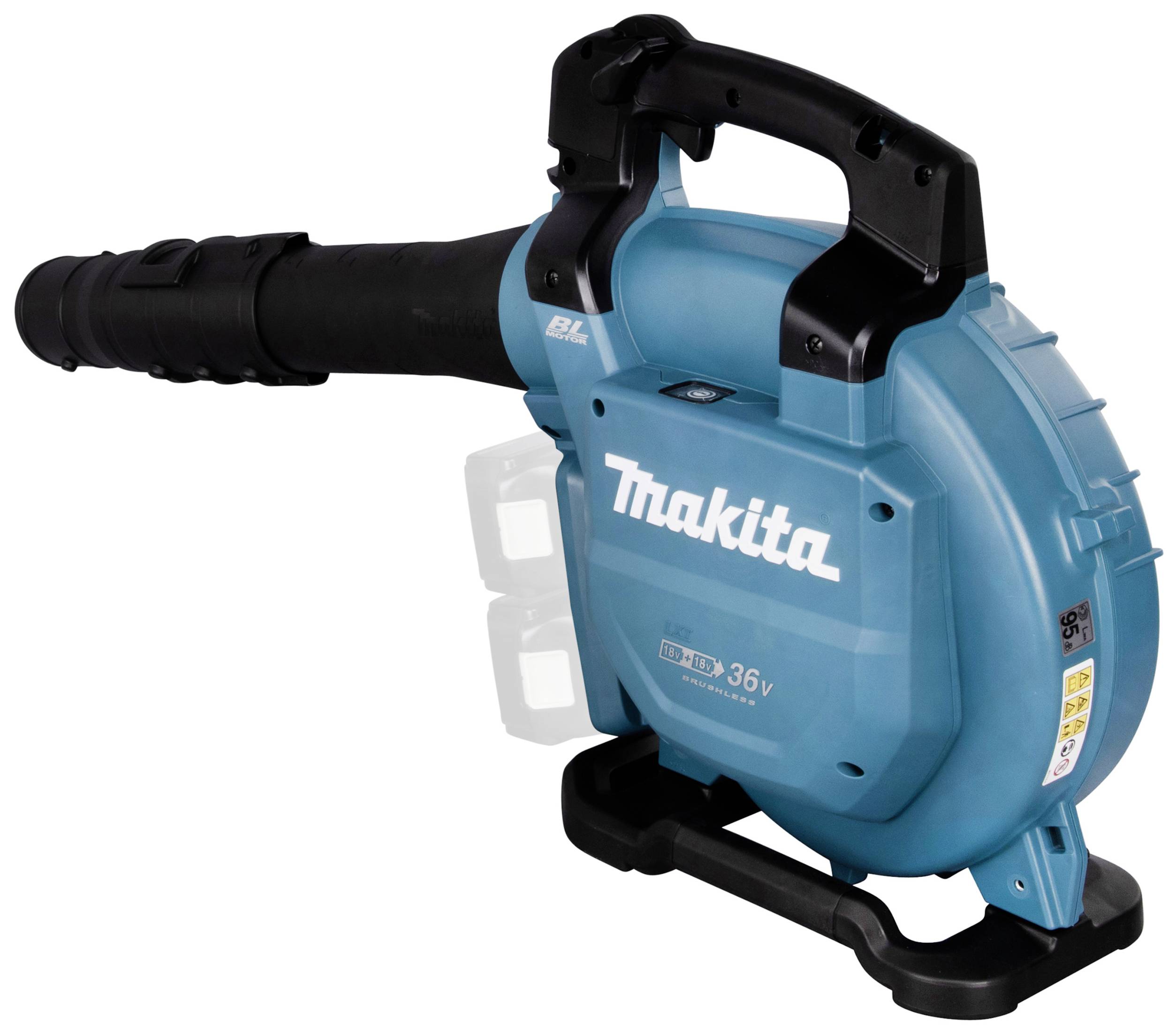 Ein akkubetriebener Laubbläser in Blau-Schwarz mit der Aufschrift 'Makita 36V', entworfen für Gartenarbeiten.