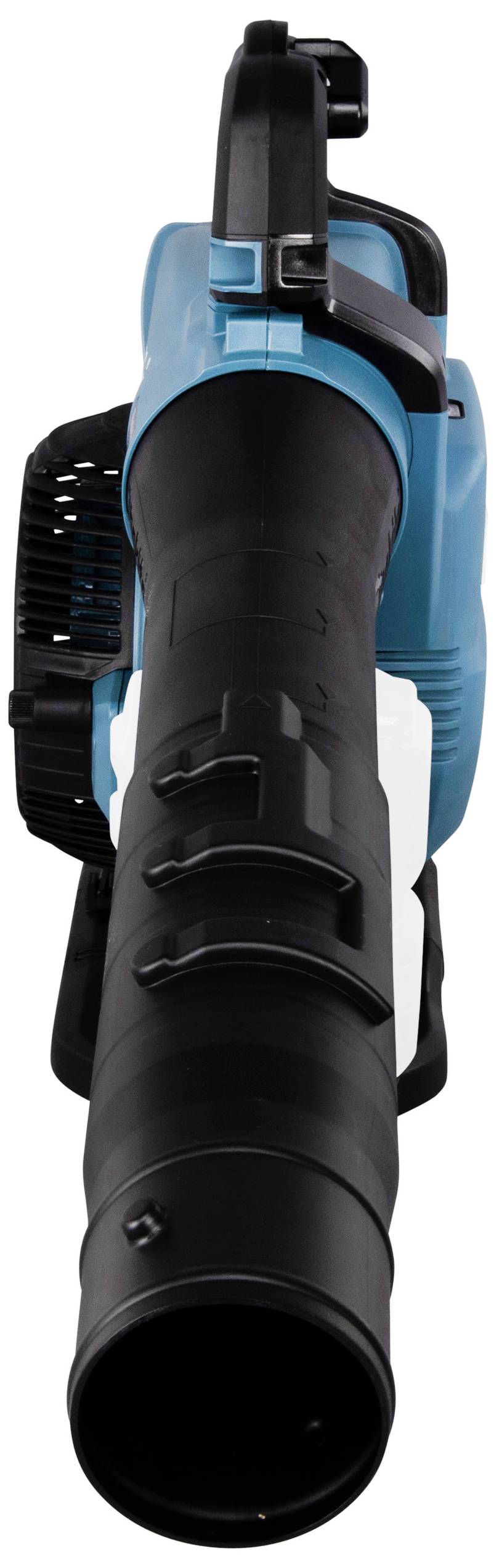 Ein elektrischer Laubbläser mit blauem Gehäuse und schwarzem Düsenausgang, für den Außenbereich geeignet.