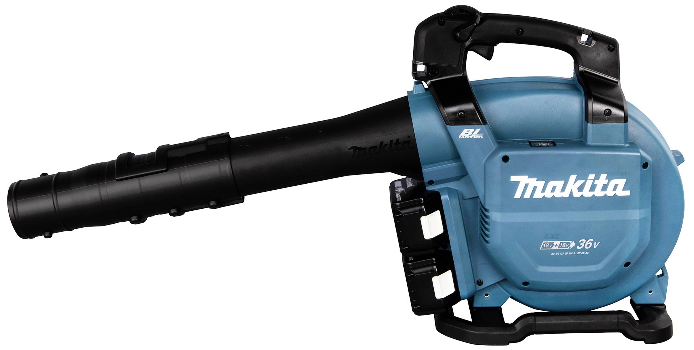 Ein blauer und schwarzer Laubbläser der Marke Makita mit zwei Batterieplätzen und ergonomischem Griff.