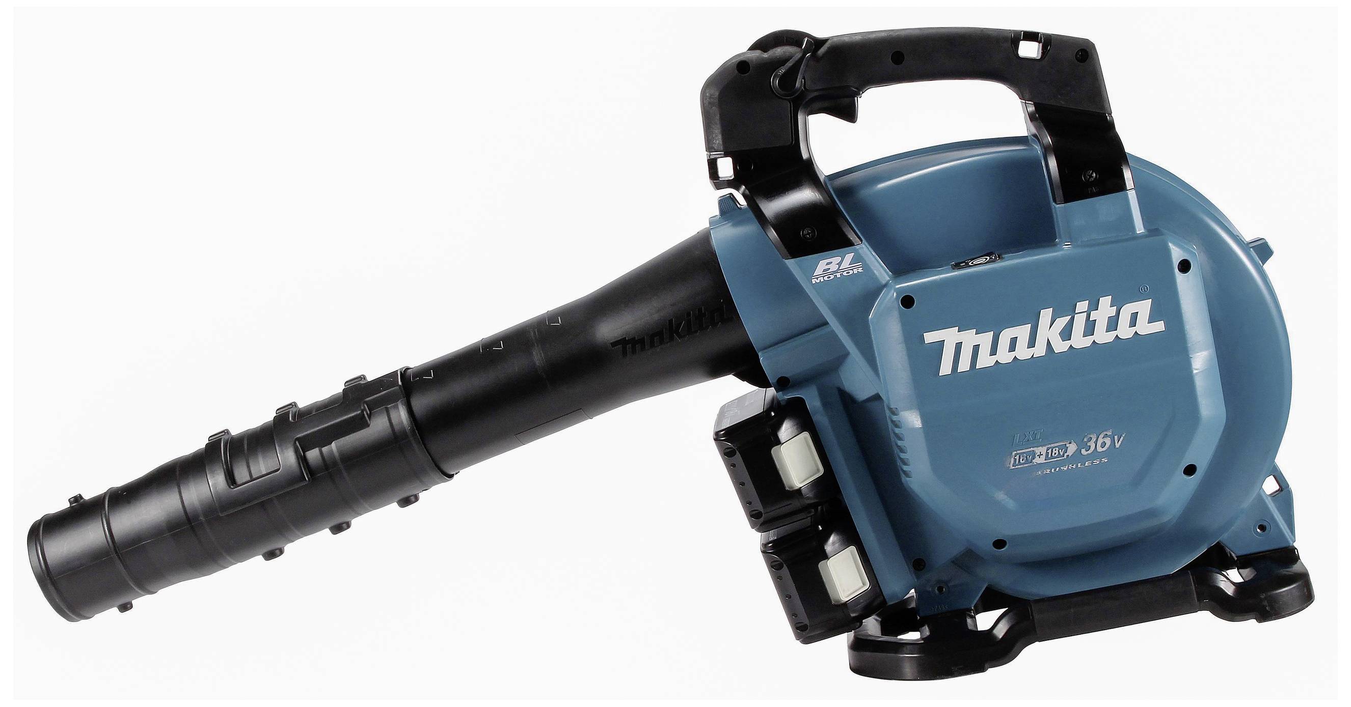 Ein blauer, kabelloser Laubbläser von Makita mit zwei Akkuplätzen, geeignet für Gartenarbeiten und das Entfernen von Laub.