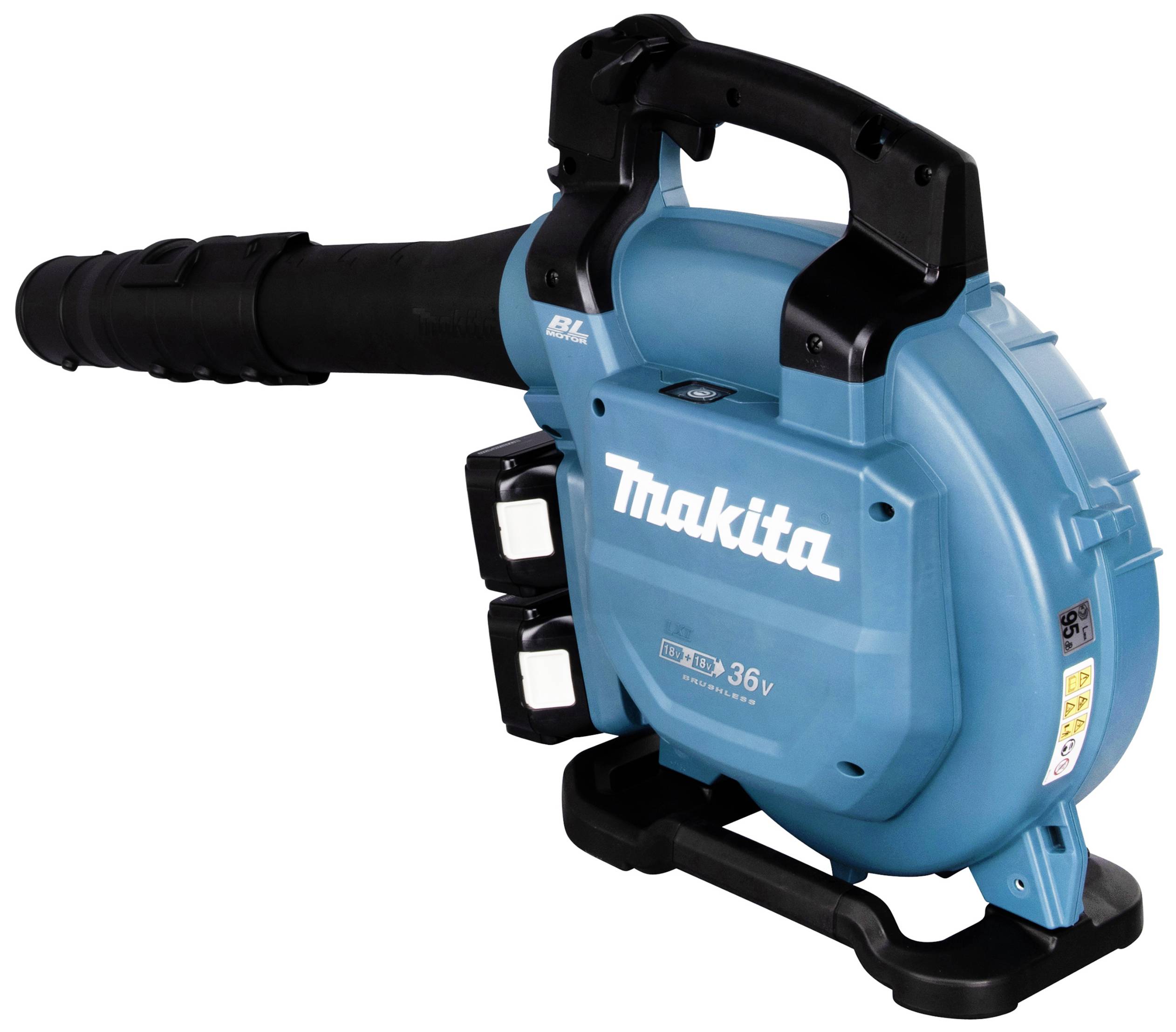 Akku-Laubbläser von Hersteller mit blauem Gehäuse, Seitenansicht. Batteriebetrieben, ohne Kabel. Ideal zur Blätterreinigung.