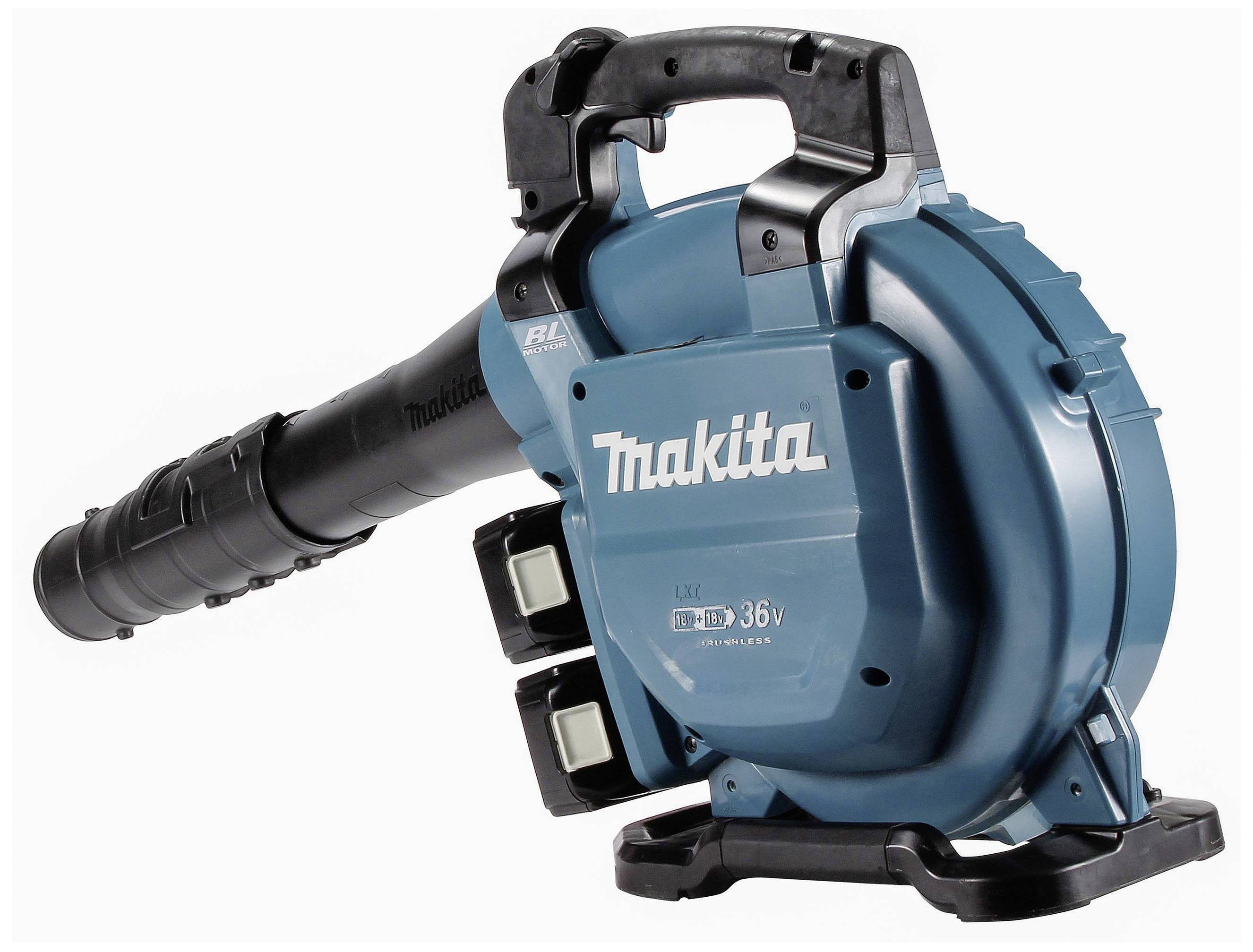 Akku-Laubbläser von Makita mit zwei Akkus, blaues Gehäuse, ergonomischer Griff. Geeignet für effizientes Entfernen von Laub.