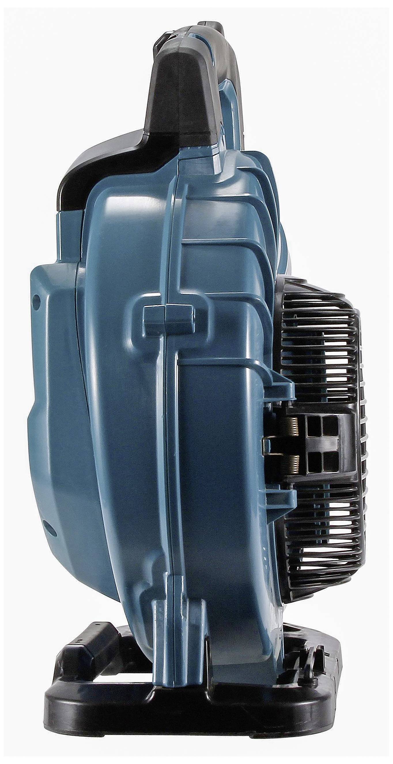 Akku-Gebläse in seitlicher Ansicht, kompakt und tragbar, mit schwarzem Ventilator und blauem Gehäuse. Ideal für Werkstattanwendungen.
