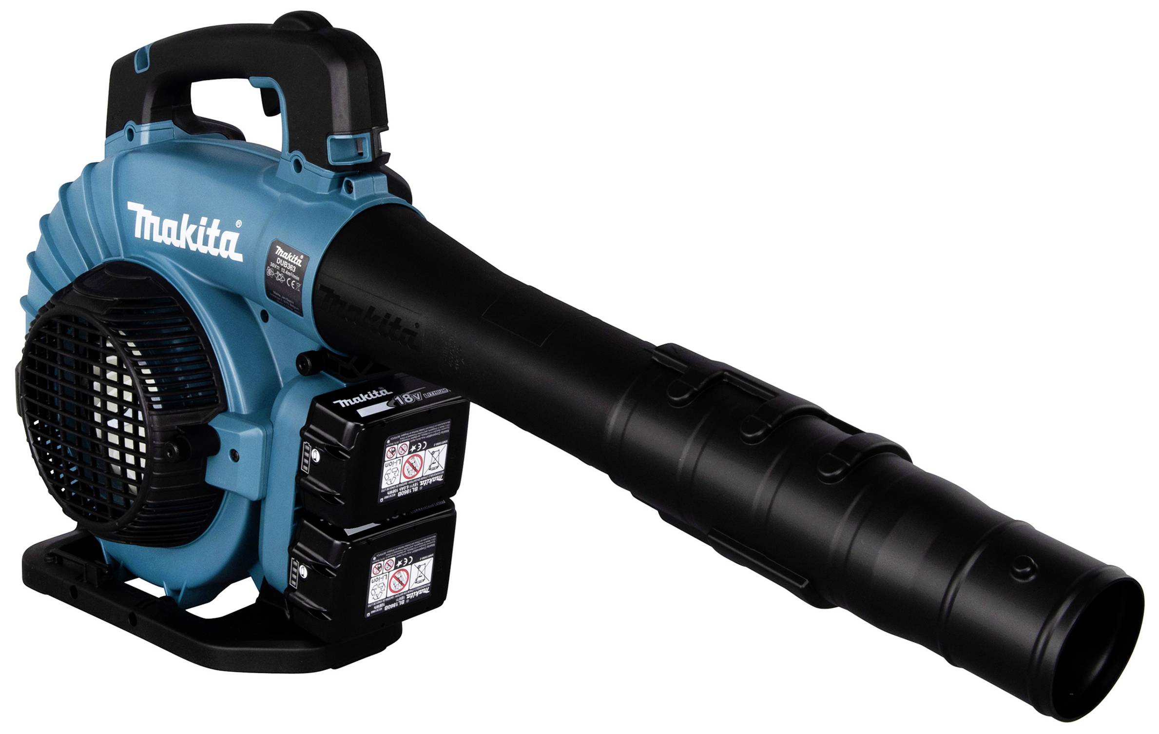 Ein blau-schwarzes Akku-Laubgebläse der Marke Makita mit zwei Batterien, konzipiert für die Reinigung von Laub und Schmutz im Freien.