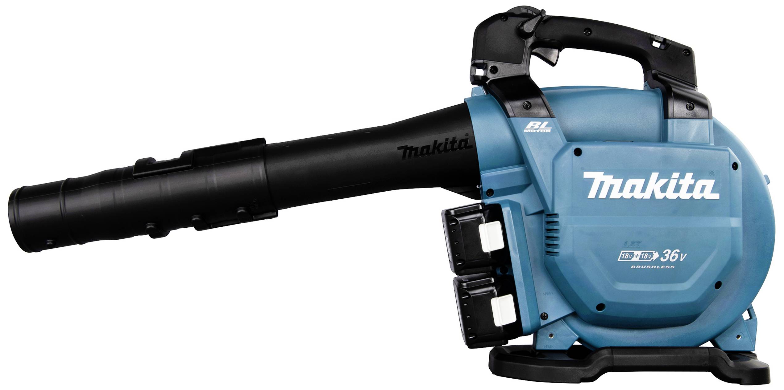 Ein blauer, akkubetriebener Laubbläser mit schwarzem Griff und Düse. Zweiseitig angebrachte Batterien, Marke hervorgehoben.