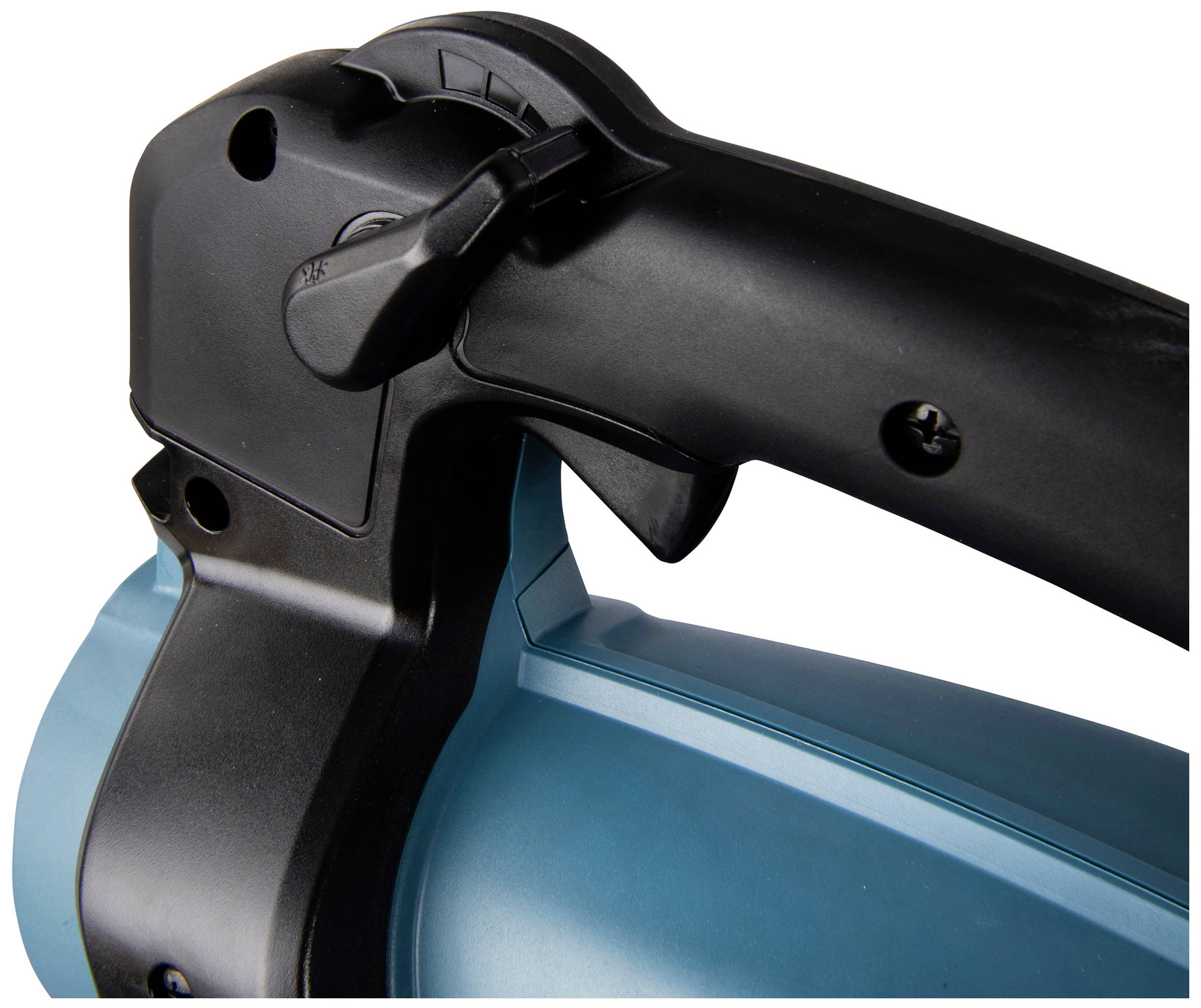 Nahaufnahme eines blauen, tragbaren Elektrowerkzeugs mit schwarzem, ergonomischem Griff, geeignet für den Einsatz in Werkstätten.