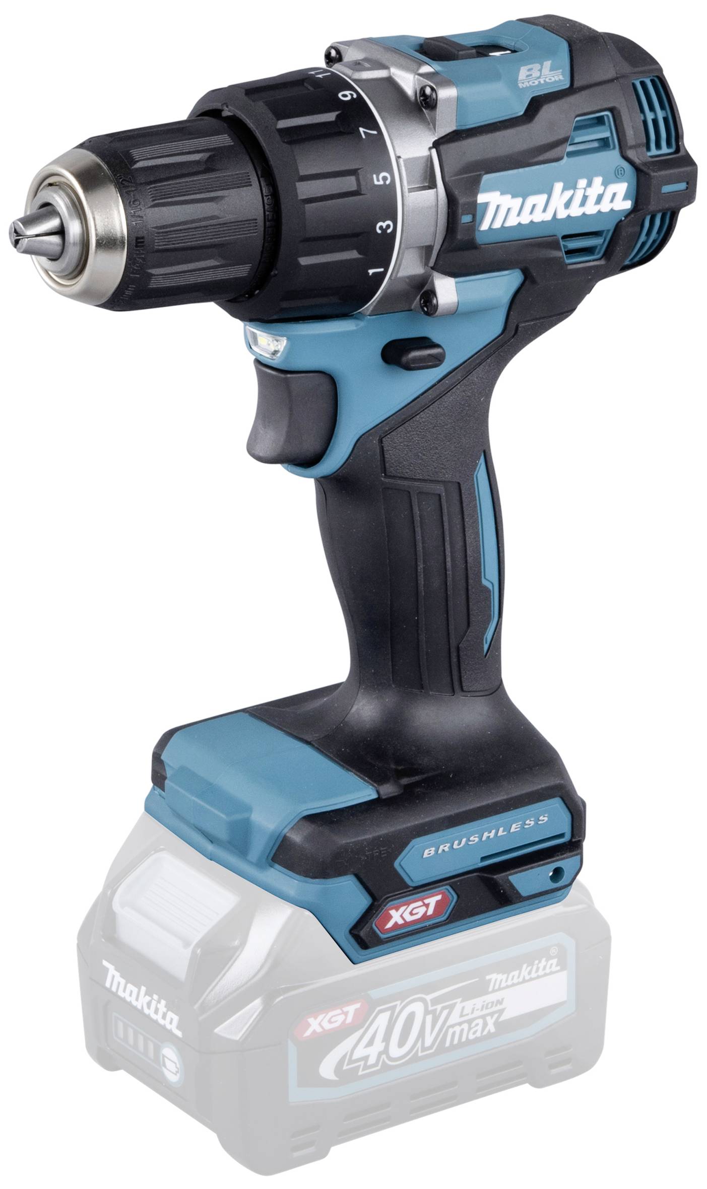 Akkuschrauber von Makita in Schwarz, Blau und Silber, mit 40V Akku und bürstenlosem Motor.