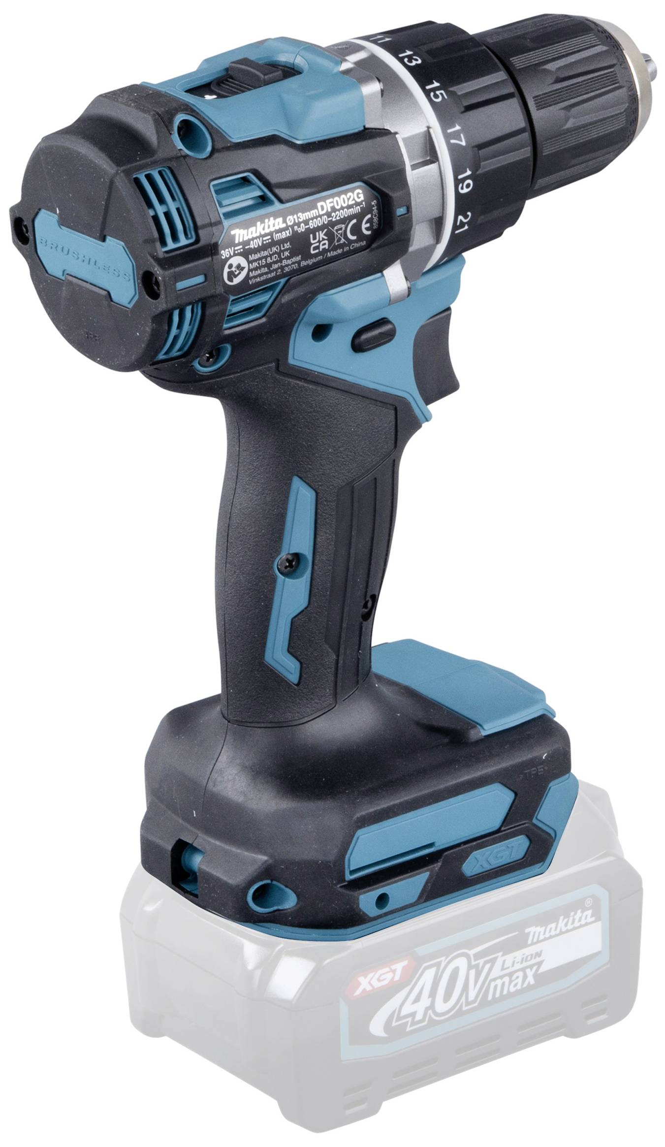 Akkuschrauber mit schwarzem Handgriff und türkisfarbenen Akzenten, zeigt Drehmoment-Einstellungen, stehend auf einer Batterieeinheit.