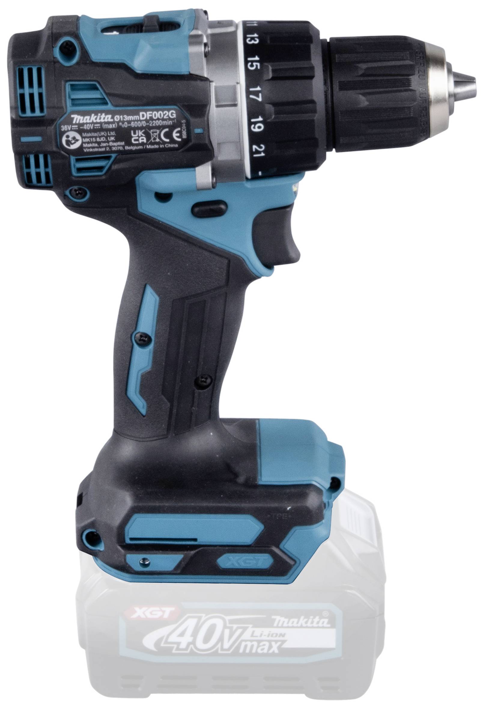 'Akkuschrauber Makita XGT 40V max' mit blau-schwarzem Gehäuse und Drehmomenteinstellung. Handliches Design für leistungsstarkes Schrauben.