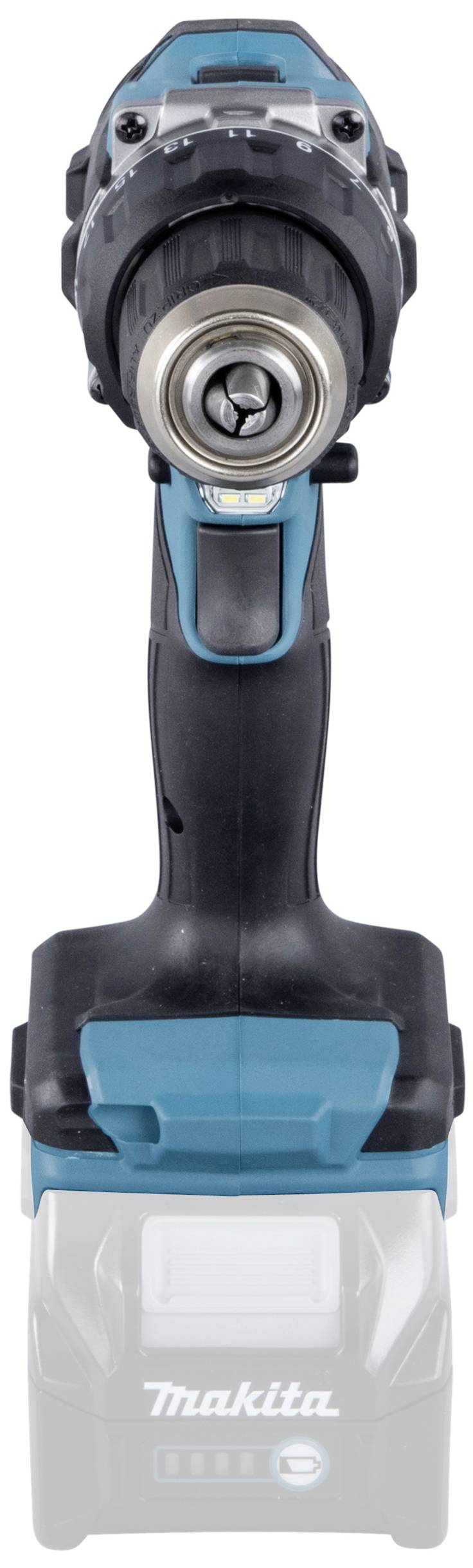 Schrauber in Frontalansicht, blau-schwarz, ohne eingesetzten Akku, mit Metallbohrkopf und ergonomischem Griff auf weißem Hintergrund.