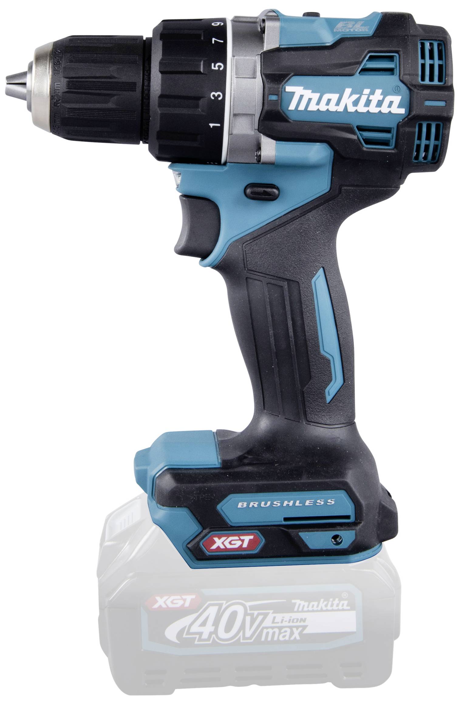 Akku-Bohrschrauber in Blau und Schwarz von Makita mit 40V XGT Akku. Geeignet für leistungsstarke Bohr- und Schraubarbeiten.