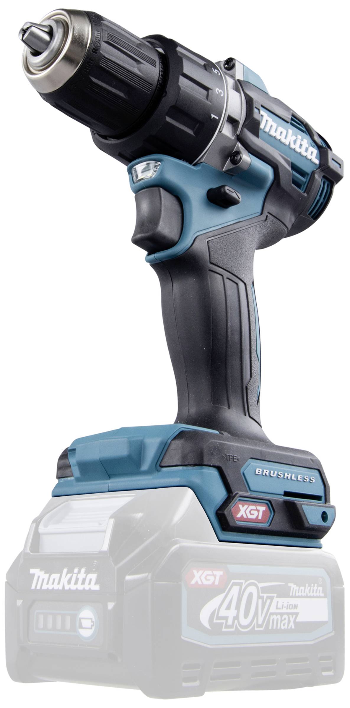 Kabelloser Akkubohrschrauber mit ergonomischem Griff, blauer und schwarzer Farbgebung. Marke und Modell 'Makita XGT' ersichtlich.