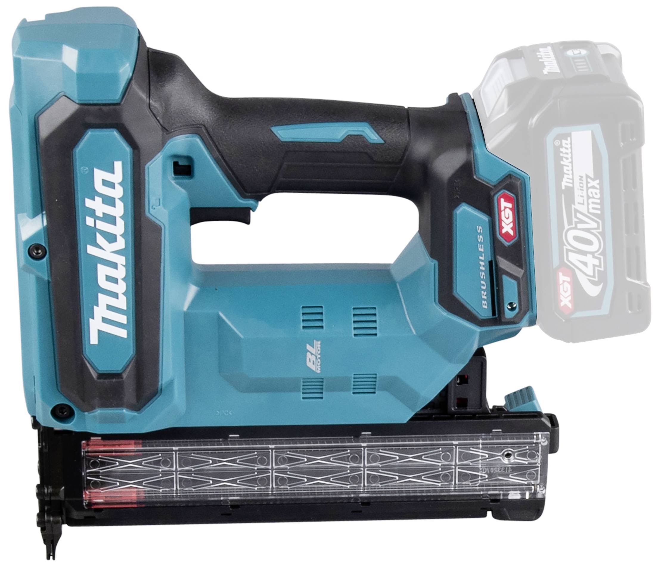 Akkubetriebener Nagler mit blau-schwarzem Gehäuse und ergonomischem Griff. Links das Logo, rechts ein Fach für den Akku.