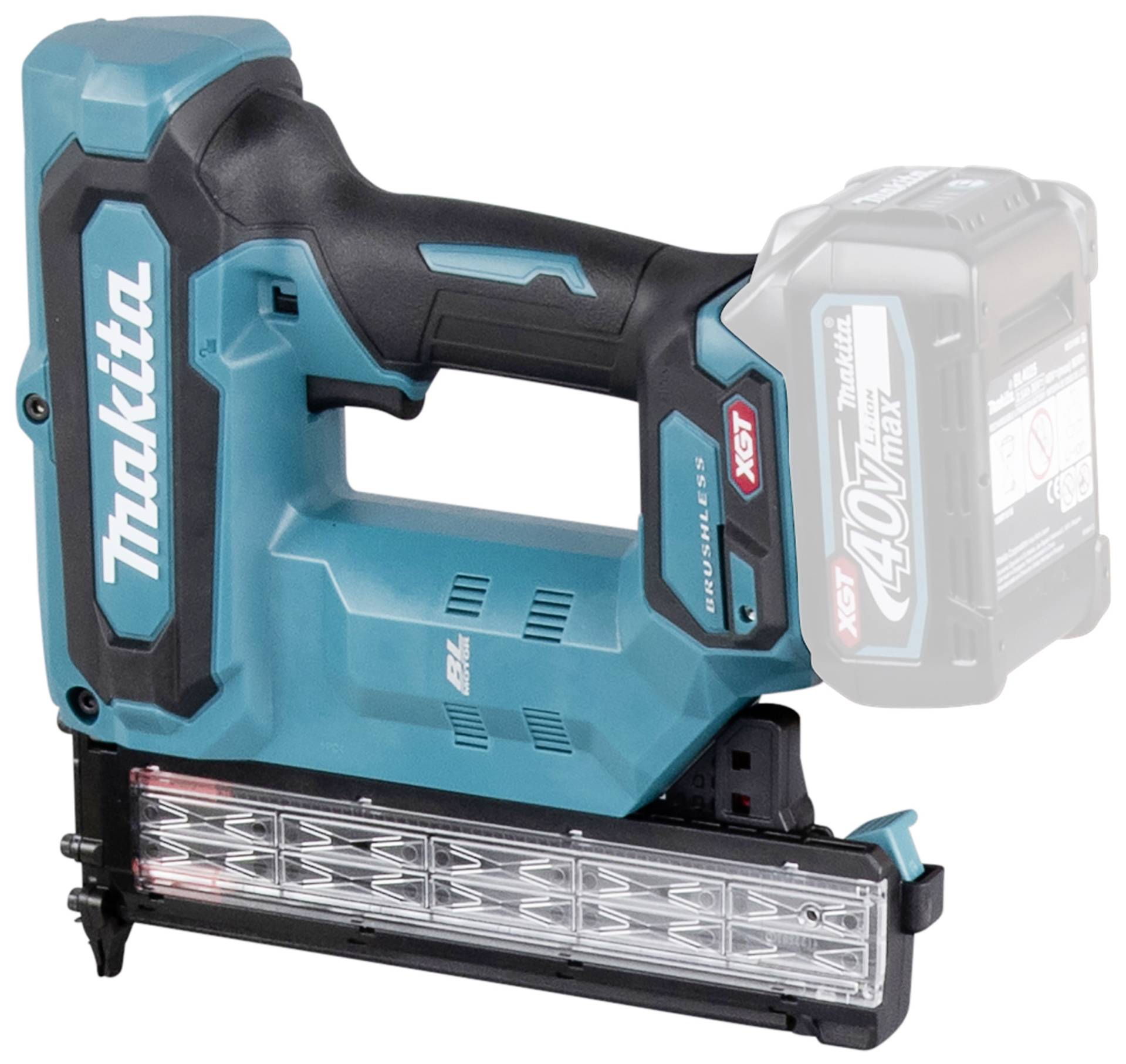 Kabelloser Nagler von Makita in türkis und schwarz, mit sichtbarem Magazin und angestecktem Akku. 40V, XGT-Modell für Bauarbeiten.