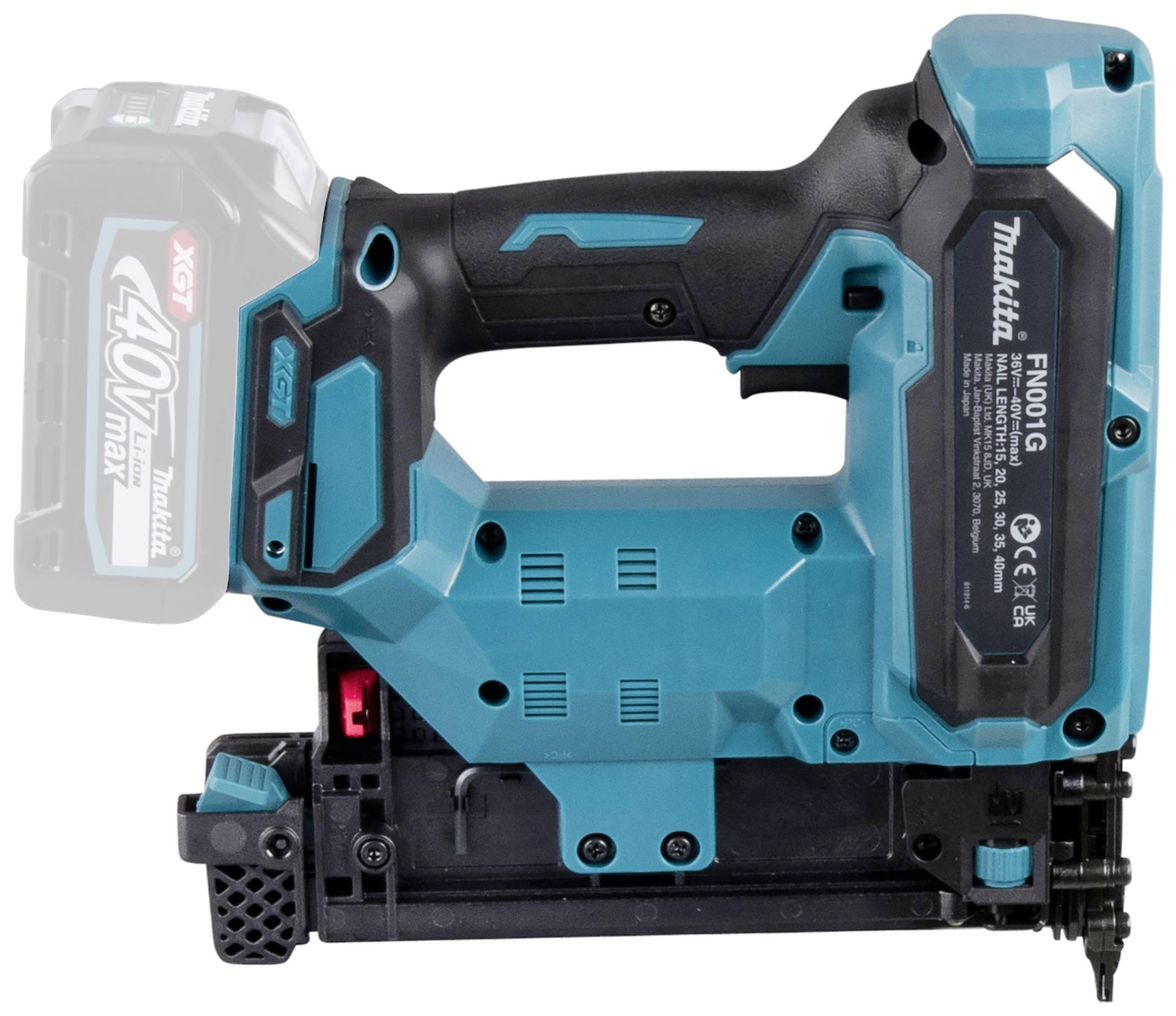 Ein kabelloser, türkisfarbener Elektrostiftreiber mit Akku. Markenlogo und Modellnummer sind sichtbar auf der Seite des Geräts.