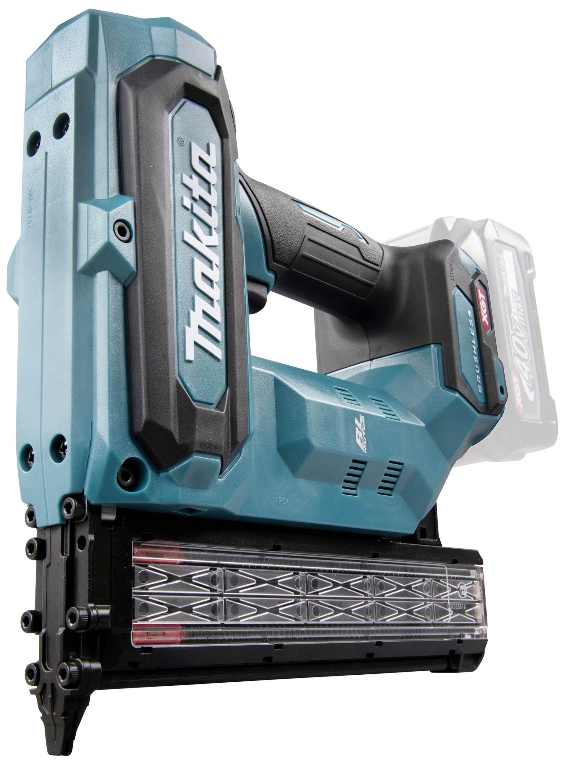 Kabelloser Nagler mit ergonomischem Griff und Akkuhalterung, geeignet für Bau- und Renovierungsarbeiten.