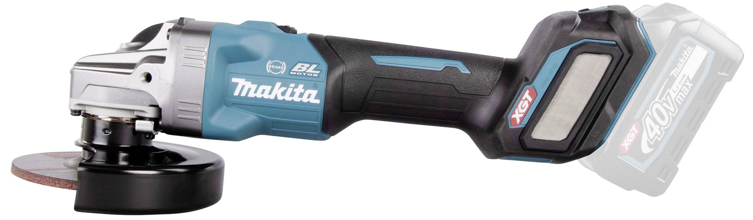 Akkubetriebener Winkelschleifer in Blau und Schwarz, sichtbar sind Scheibe und Griff. Markenname auf dem Gehäuse abgebildet.