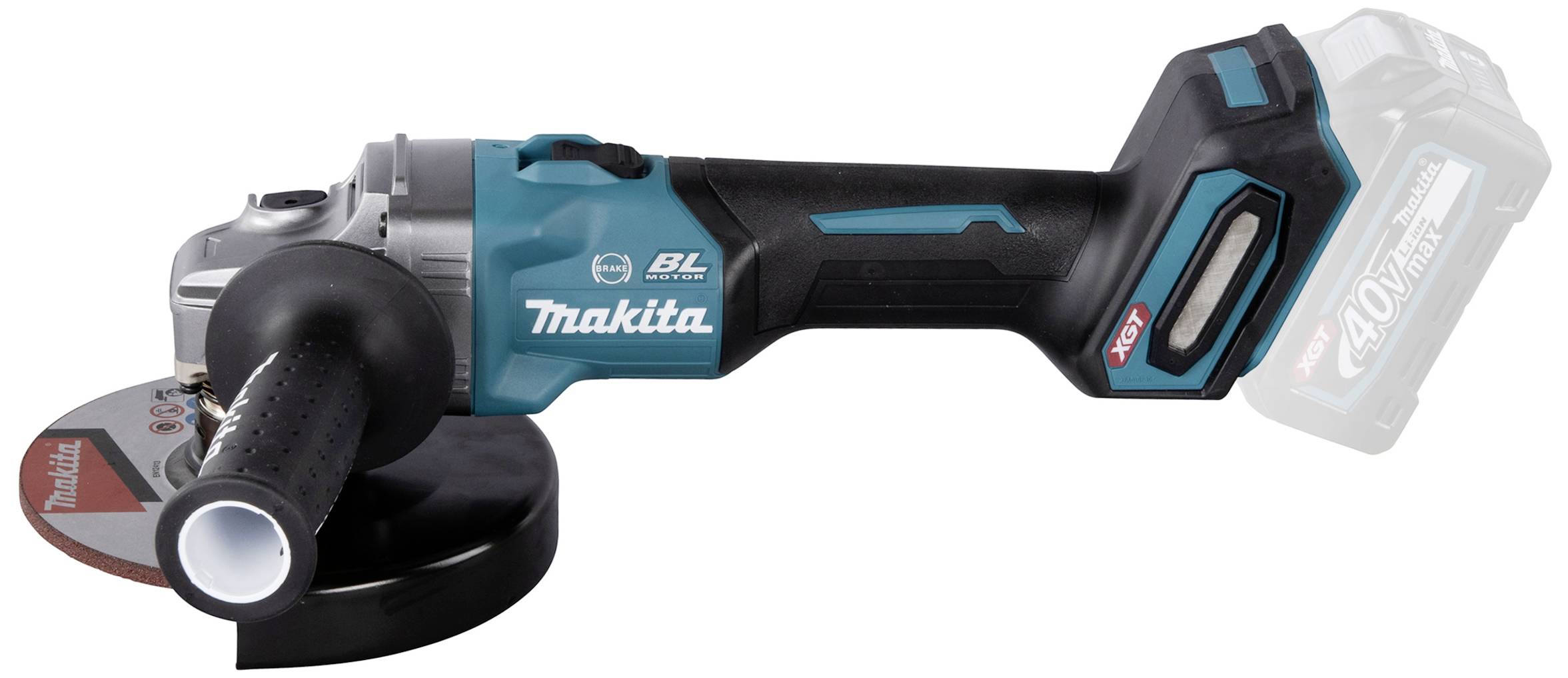 Akkubetriebener Winkelschleifer von Makita in Blau und Schwarz mit Scheibe, Handgriff und sichtbarem Akkuanschluss.