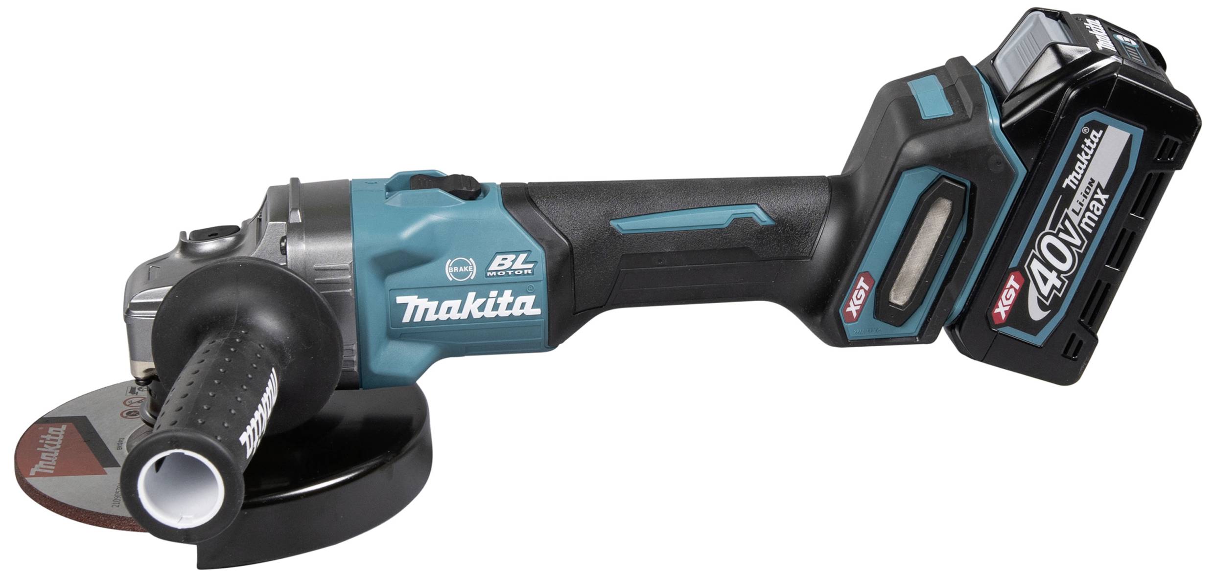 Ein schnurloser Winkelschleifer mit blau-schwarzem Design und abnehmbarem Akku, geeignet für vielseitige Schleif- und Schneidarbeiten.