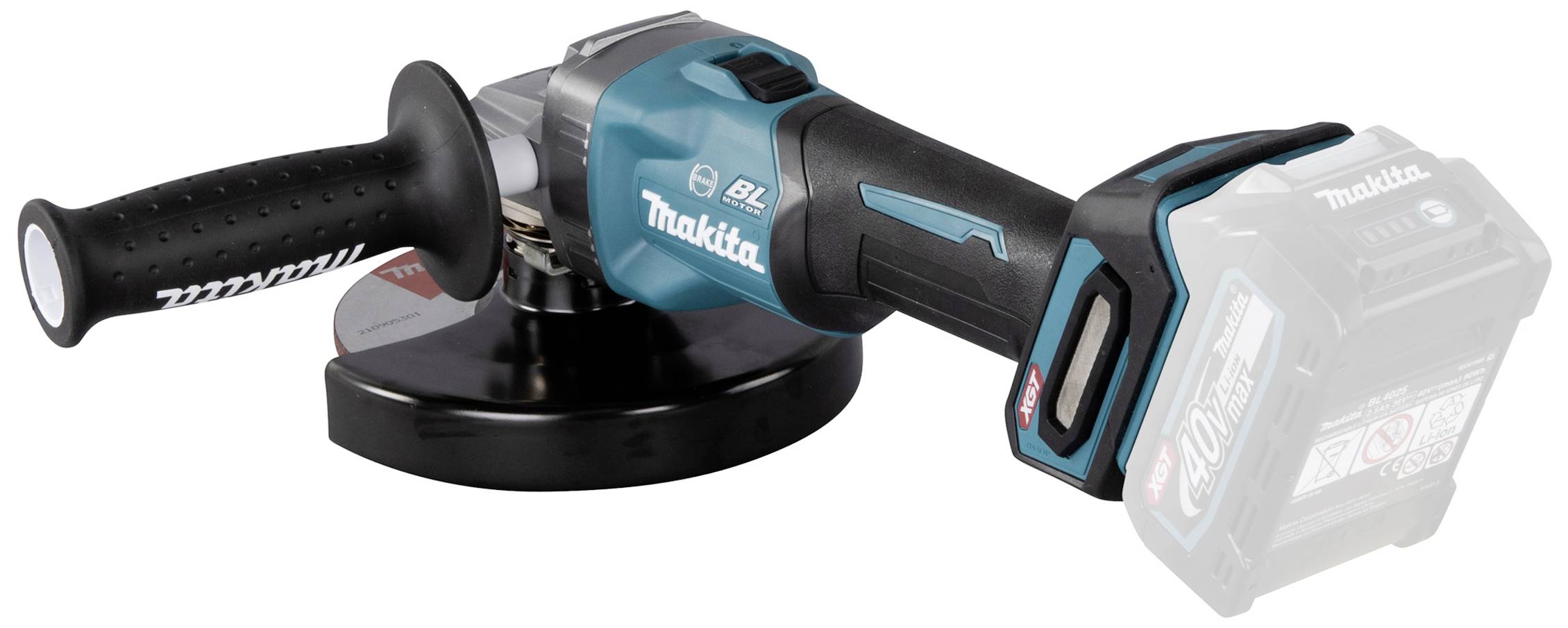 Akku-Winkelschleifer in Blau und Schwarz mit seitlichem Griff. Batteriefach sichtbar. Entworfen für Heimwerkerarbeiten.