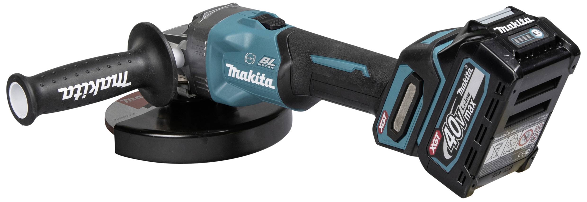 Akkubetriebener Winkelschleifer mit blau-schwarzem Gehäuse und Makita-Logo, ideal für handwerkliche Arbeiten.