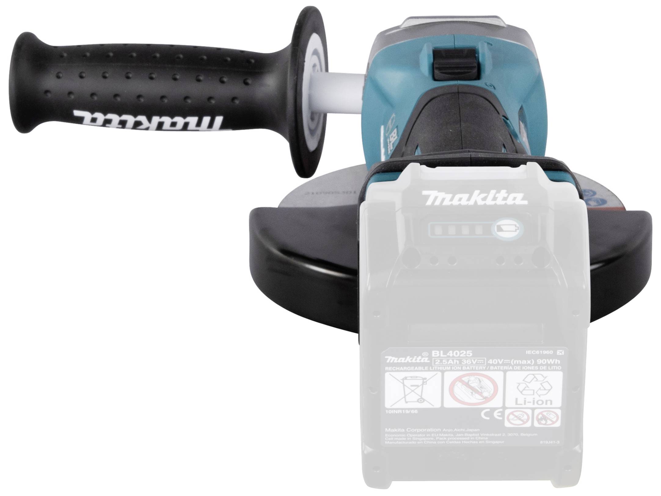 Ein Elektrowerkzeug mit einem schwarzen Griff und einem blauen Gehäuse, für Schleif- oder Schneidearbeiten geeignet.