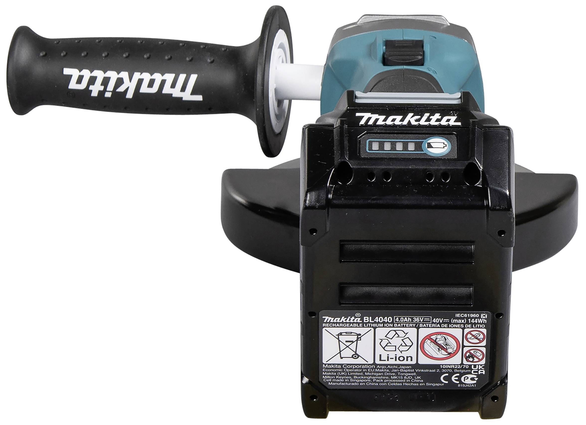 'Makita' Akkuwerkzeug mit Aufklebern auf der Rückseite. Schwarzer Griff oben, türkisfarbene Elemente.