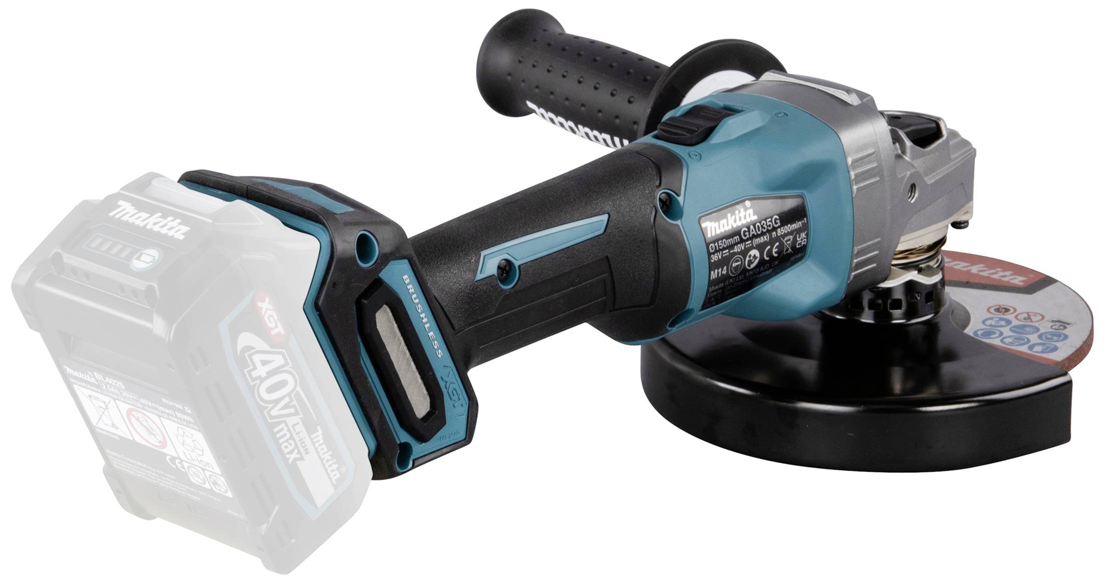 Kabelloser Winkelschleifer von Makita mit 40V Akku, schwarzem Schleifscheibenschutz und ergonomischem Griff.