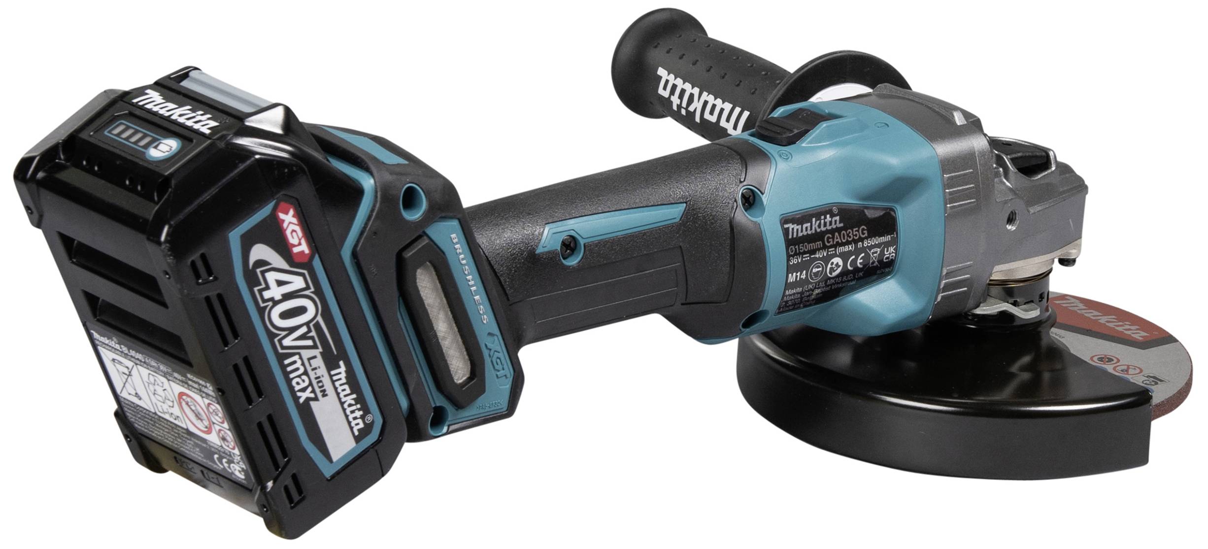 Akku-Winkelschleifer mit 40V-Batterie, blau und schwarz, geeignet für Beton- oder Metallarbeiten. Markenlogo auf Griff sichtbar.