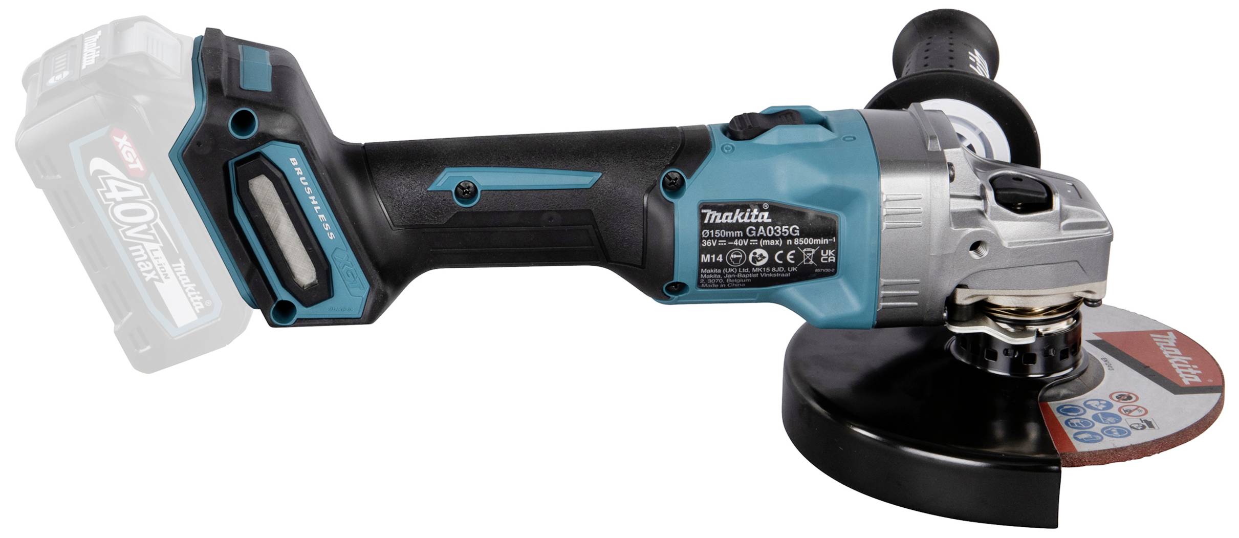 Ein blauer und schwarzer kabelloser Winkelschleifer mit Scheibe, geeignet zum Schneiden oder Schleifen von Materialien, auf weißem Hintergrund.