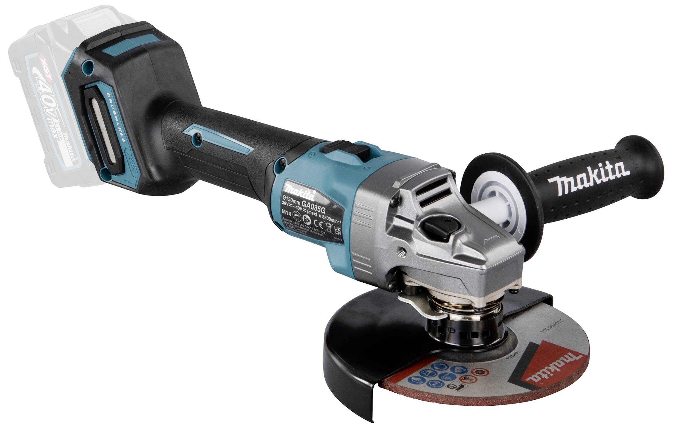 Ein blauer und schwarzer Winkelschleifer mit seitlichem Griff. Auf der Schleifscheibe steht 'Tippmul'. Es ist ein kabelloses Modell.