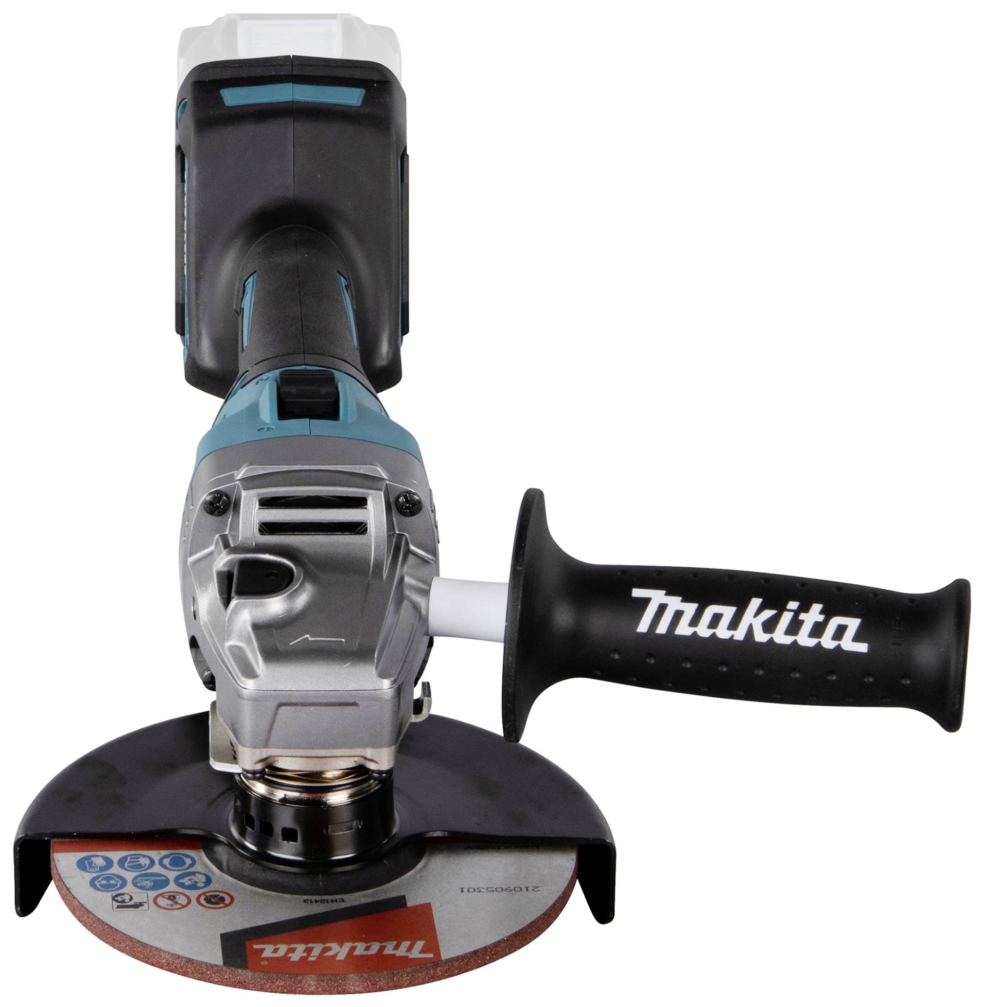 Akkubetriebener Winkelschleifer mit schwarzem Gehäuse und Beilgriff. Disk ist zur Hälfte sichtbar. Markenname auf Griff.