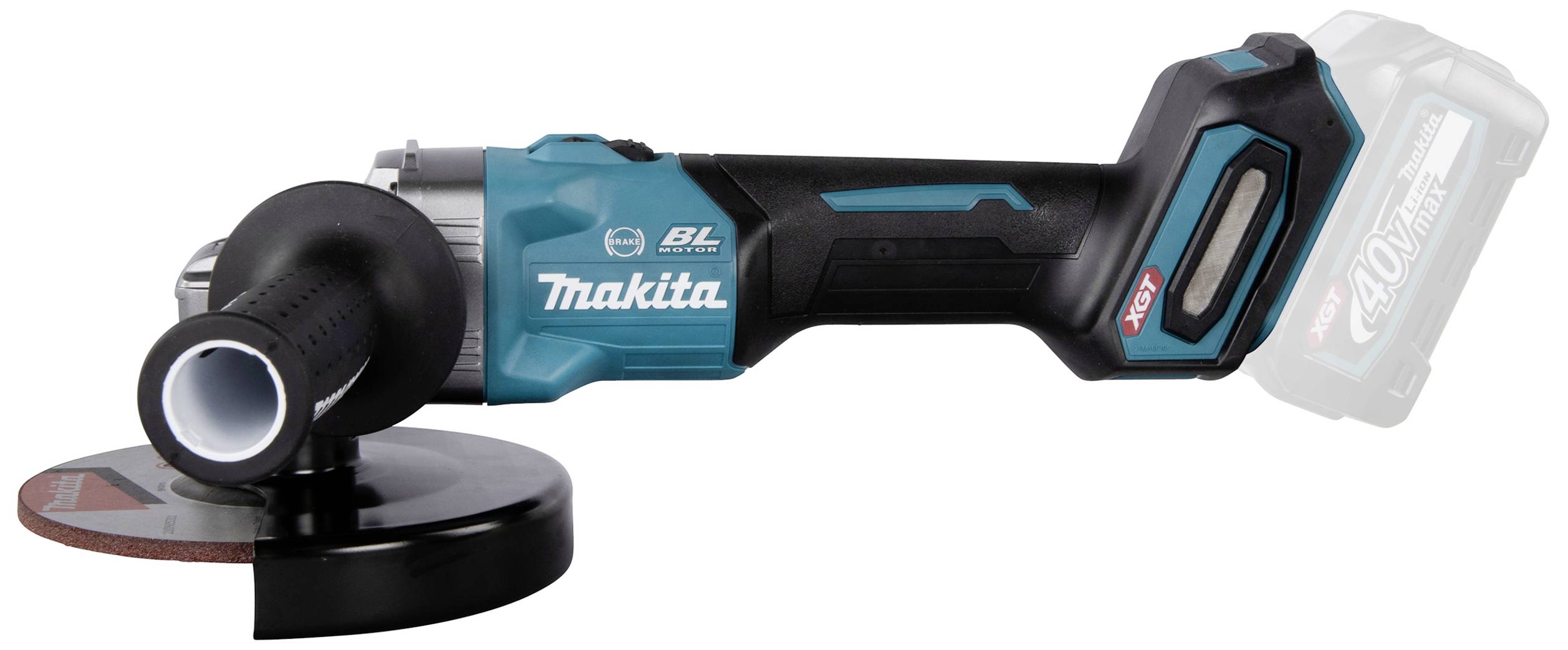 Akkubetriebener Winkelschleifer mit blau-schwarzem Gehäuse und seitlichem Griff, abgebildet vor einem weißen Hintergrund.