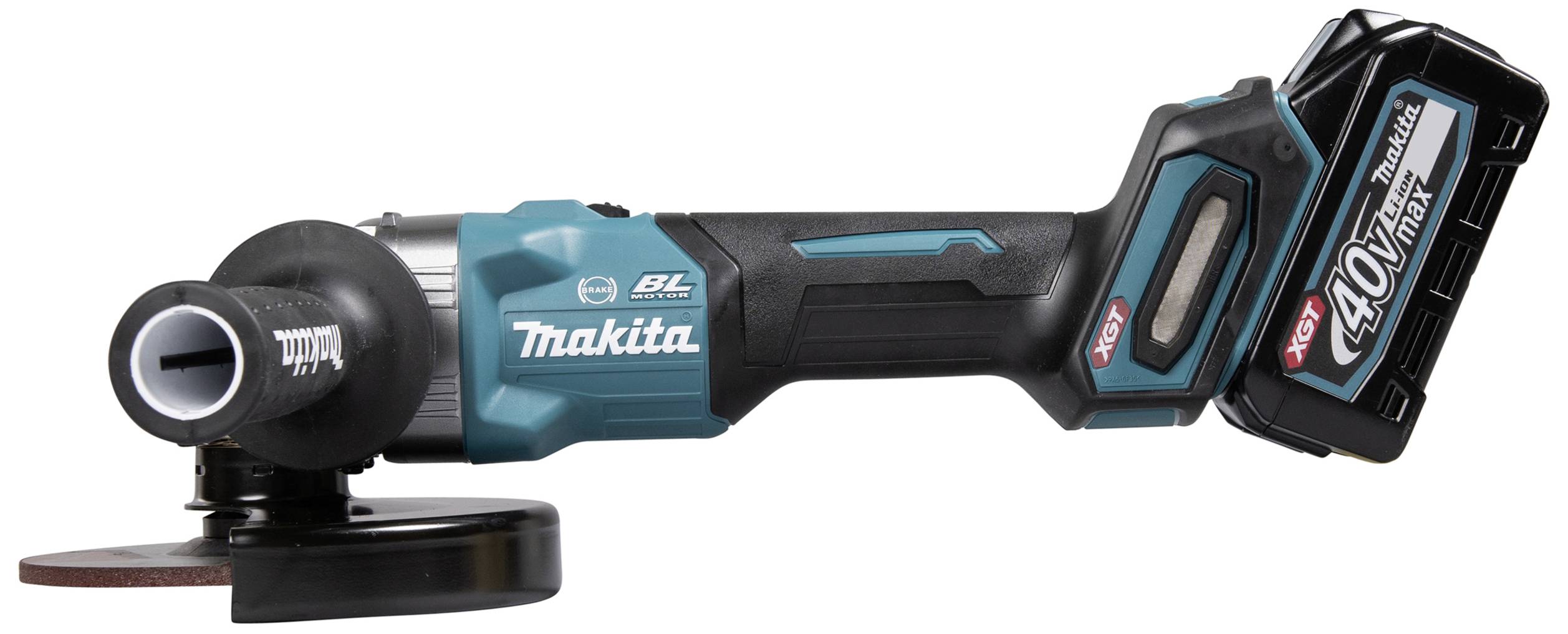 Ein kabelloser Winkelschleifer mit blau-schwarzem Design, Griff und Akku. Markenname auf dem Gerät sichtbar.