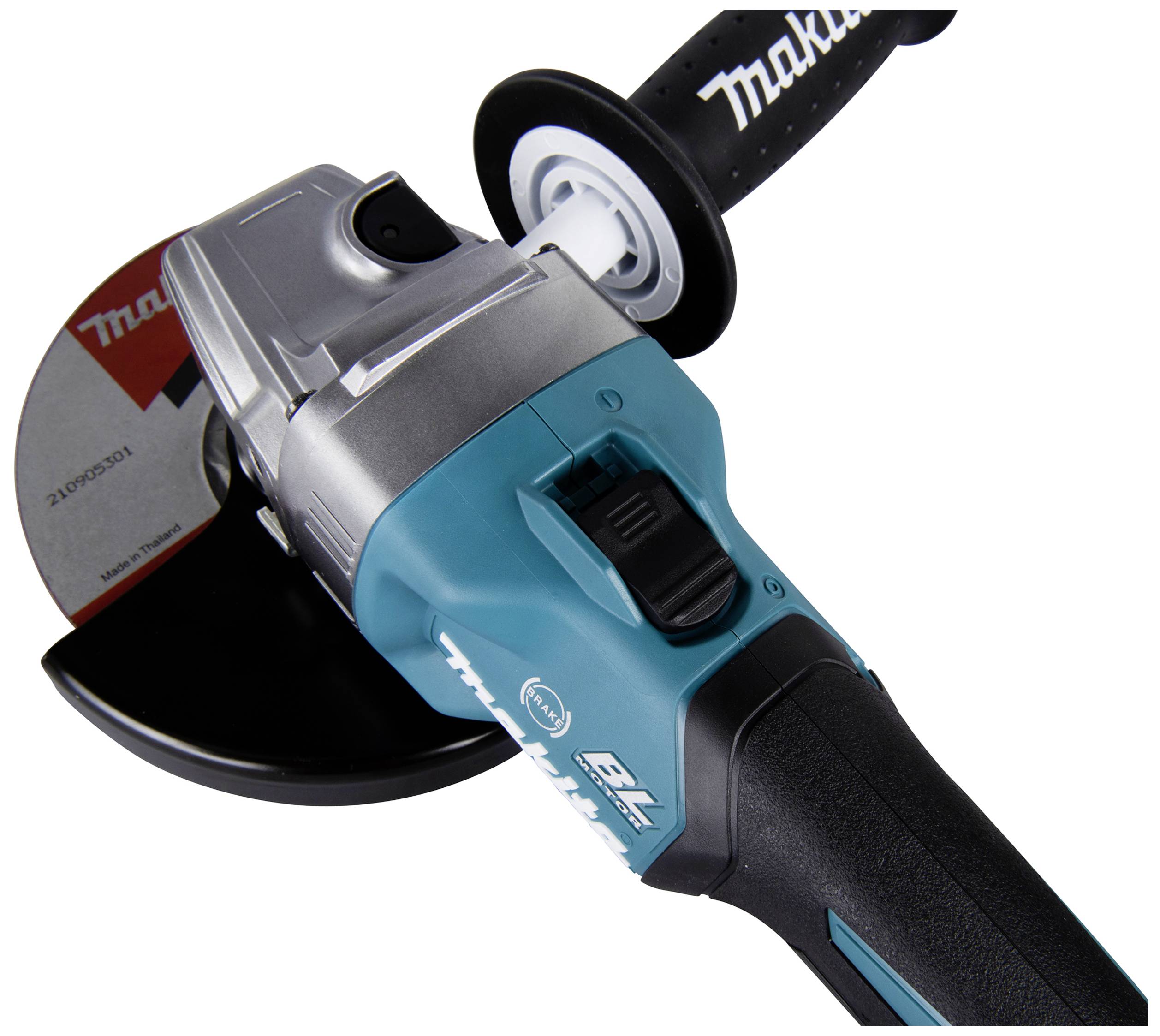 Ein blauer Winkelschleifer von Makita mit schwarzem Griff und Schutzabdeckung vor einem weißen Hintergrund.