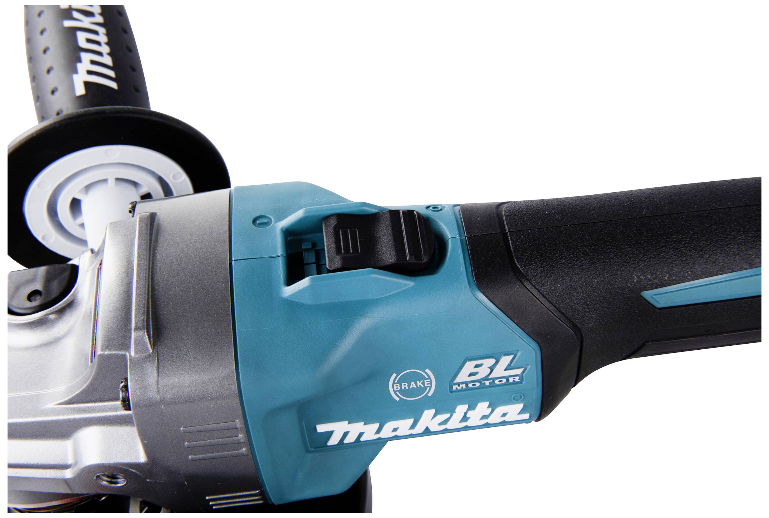 Akku-Winkelschleifer mit blauem Gehäuse und schwarzem Griff, Aufschrift 'Makita BL Motor'. Fokus auf Schalter und Griff.