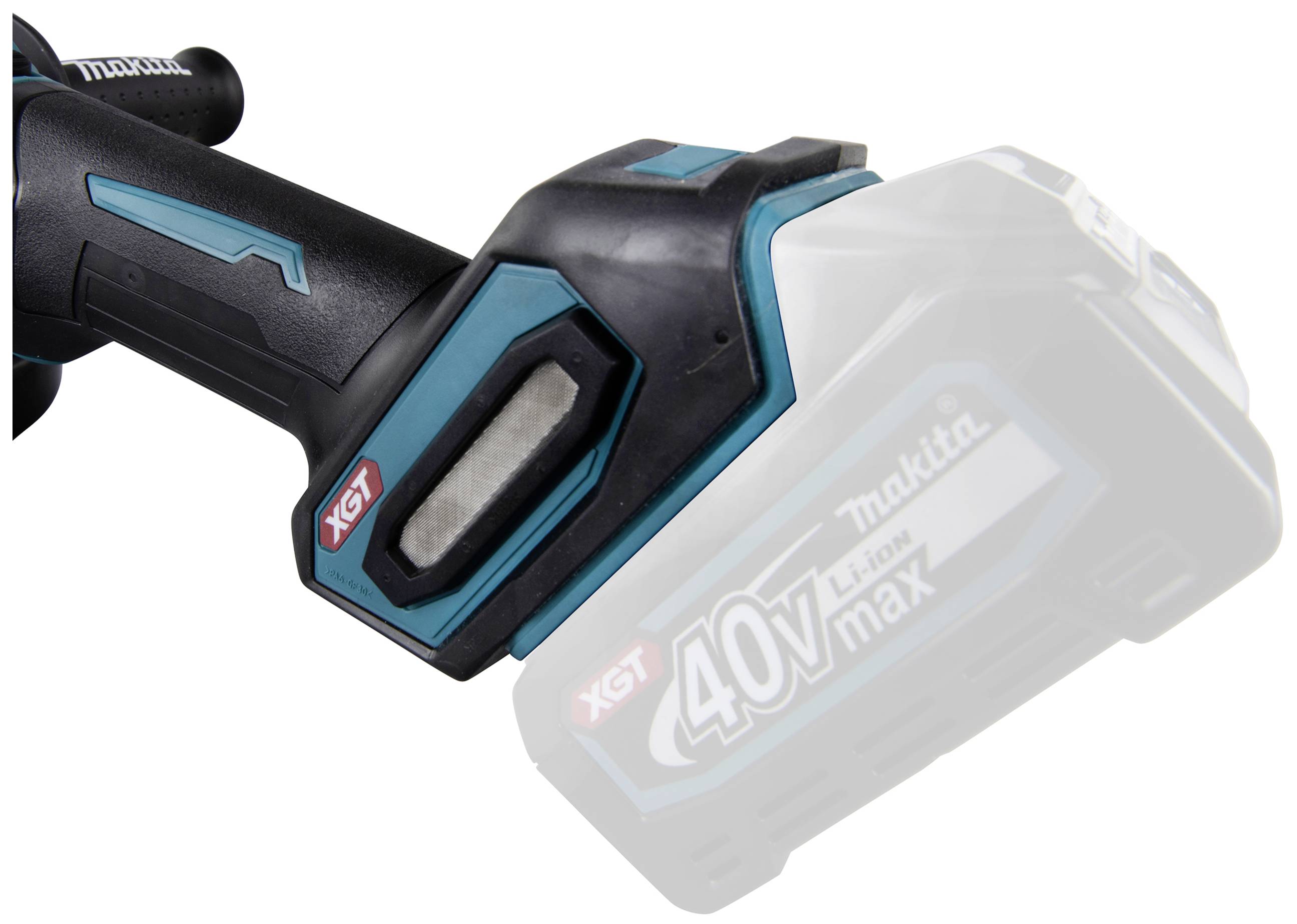 Eine Nahaufnahme eines Teils eines Elektrowerkzeugs mit einem Griff und einem teilweise erkennbaren Akku mit der Aufschrift 'XGT 40V Max'.