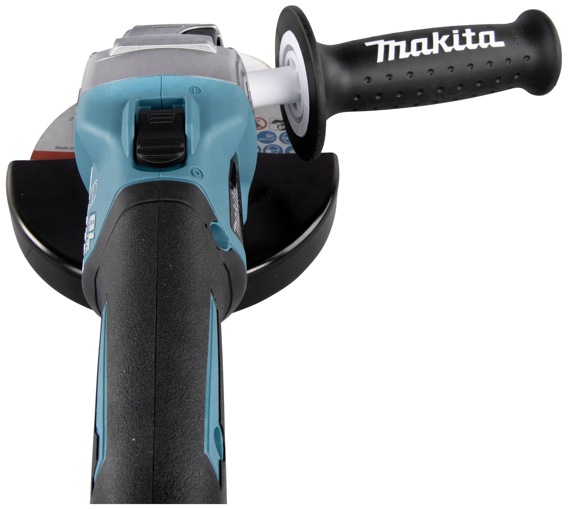 Ein Winkelschleifer in Nahaufnahme, mit ergonomischem Griff und schwarzem Zusatzhandgriff. Markennamen auf dem Griff sichtbar.