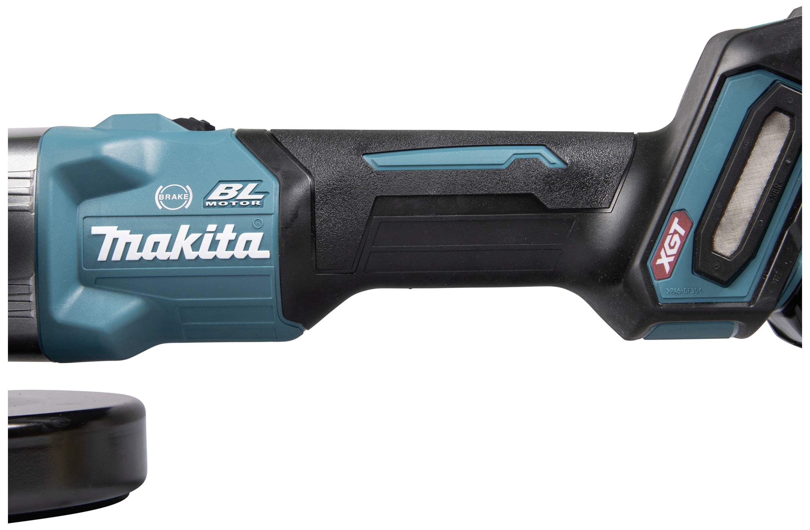 Akkuschrauber in Nahaufnahme, Marke Makita, Modell XGT, schwarze und blaue Griffe, zeigt die Schriftzüge 'BL MOTOR' und 'Makita'.