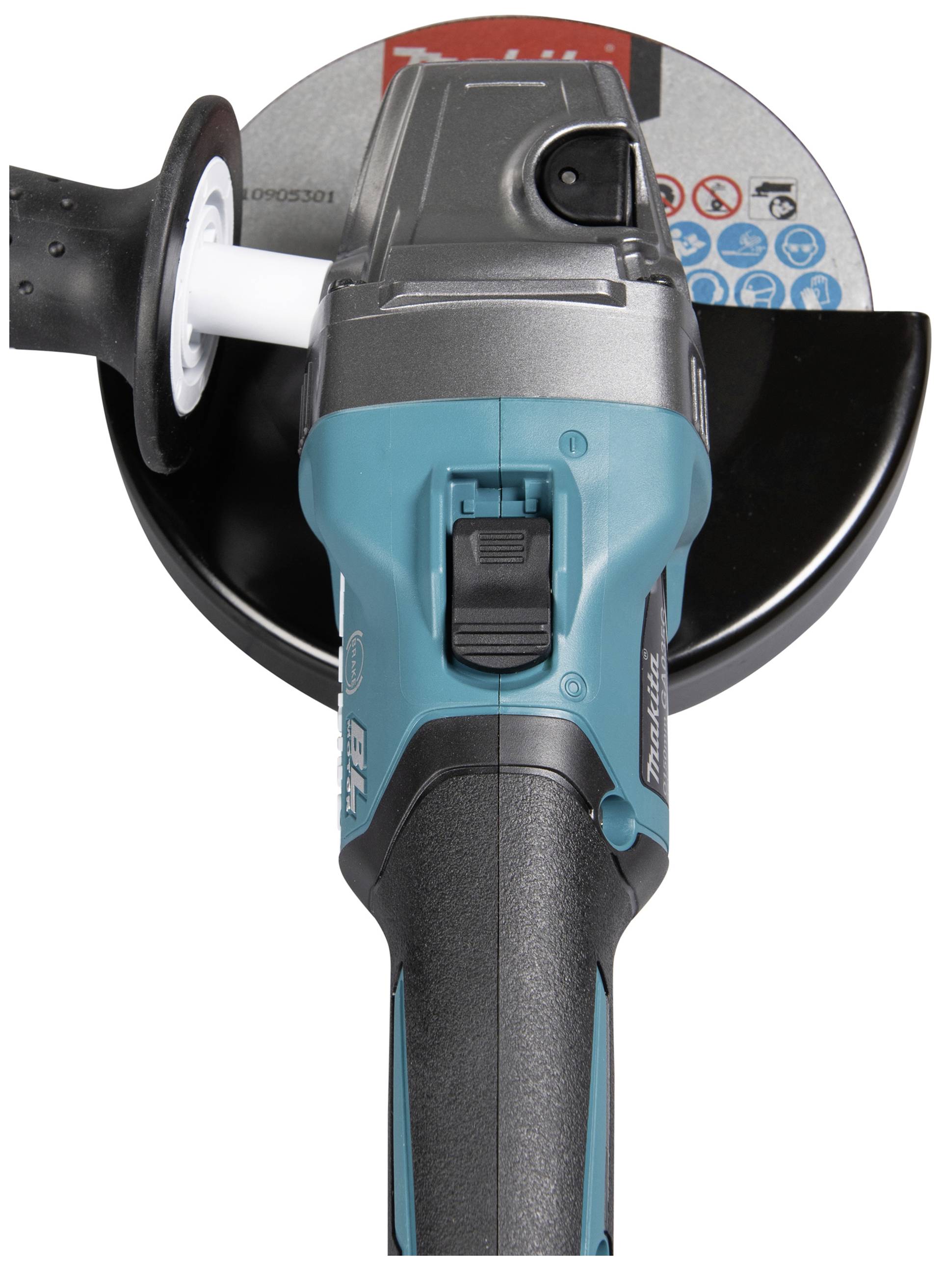 Elektrischer Winkelschleifer, blau-grau, seitlich angebrachter Handgriff, liegt auf einer Bedienungsanleitung.