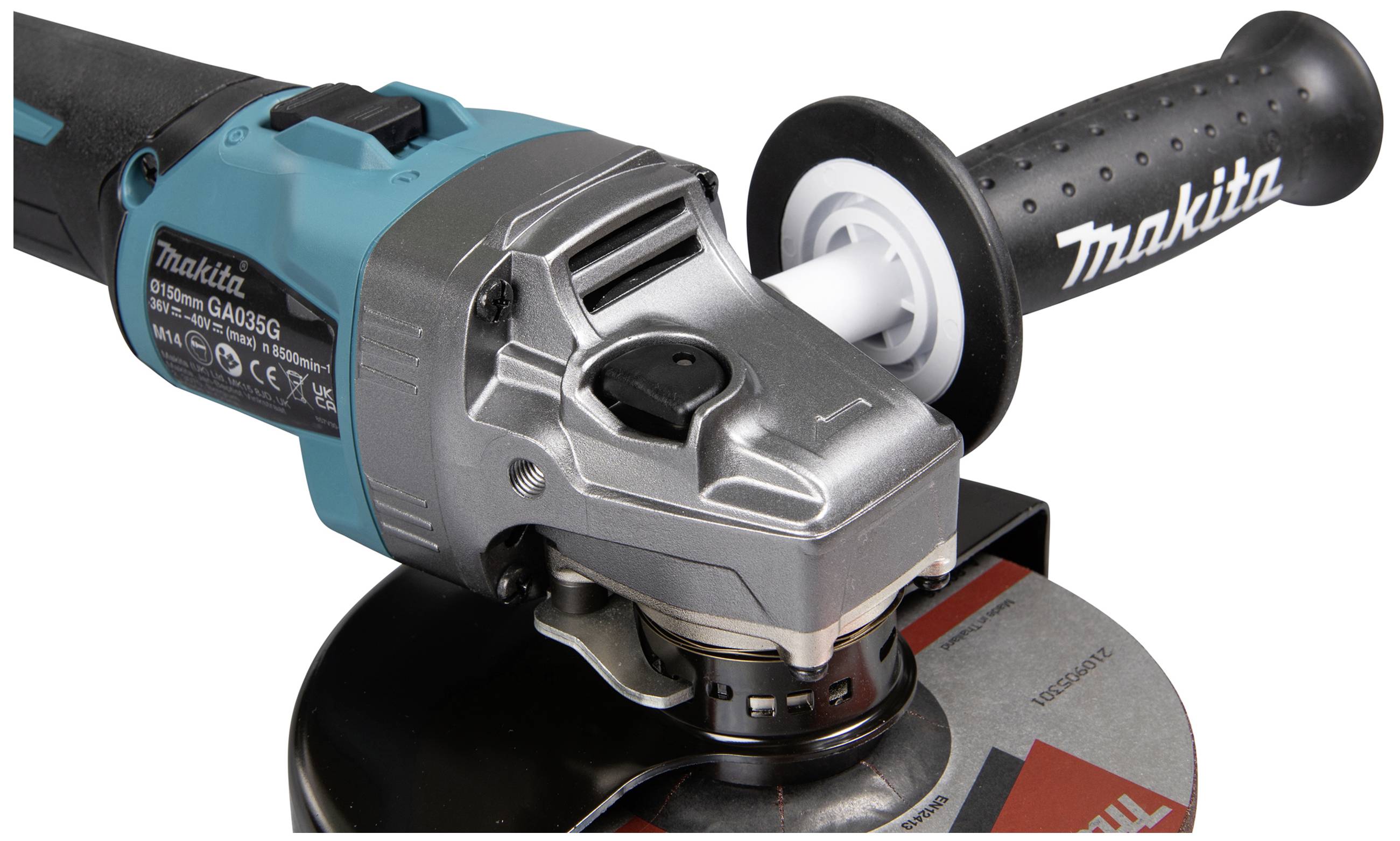 Ein Winkelschleifer mit blauem und silbernem Gehäuse. Die Markenaufschrift ist sichtbar am Griff und Gehäuse.