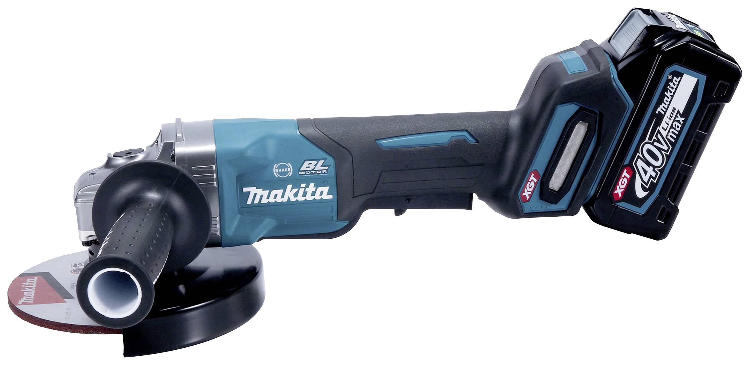 Akkubetriebener Winkelschleifer von Makita mit Schleifscheibe, ergonomischem Griff und 40V Akku, geeignet für Metallarbeiten.