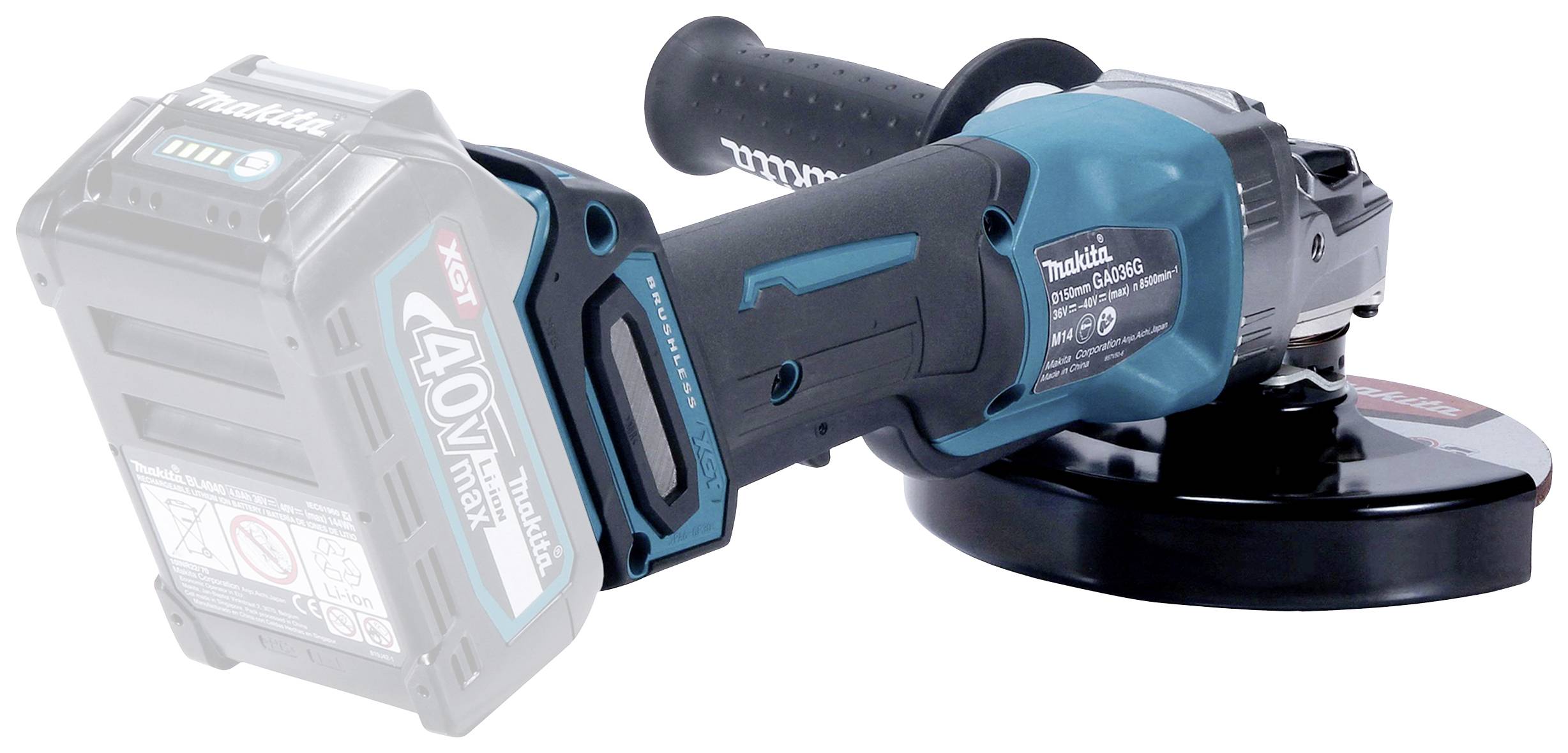 Ein blauer, kabelloser Winkelschleifer mit einem schwarzen Griff und einer schwarzen Schleifscheibe; auf der linken Seite ist der Akkupack angedeutet.