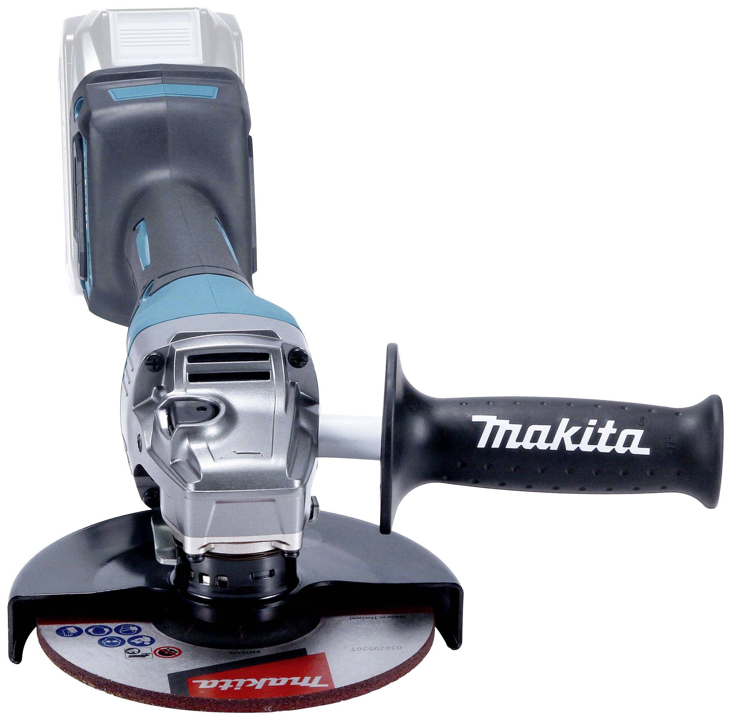 Ein kabelloser Winkelschleifer mit ergonomischem Griff und einer Trennscheibe, geeignet für Schneidearbeiten in Metall und Stein.