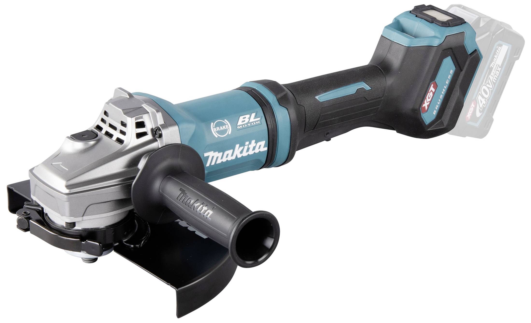 Akkubetriebener Winkelschleifer mit ergonomischem Griff und Makita-Logo. Batteriefach am Ende, ohne sichtbaren Akku.