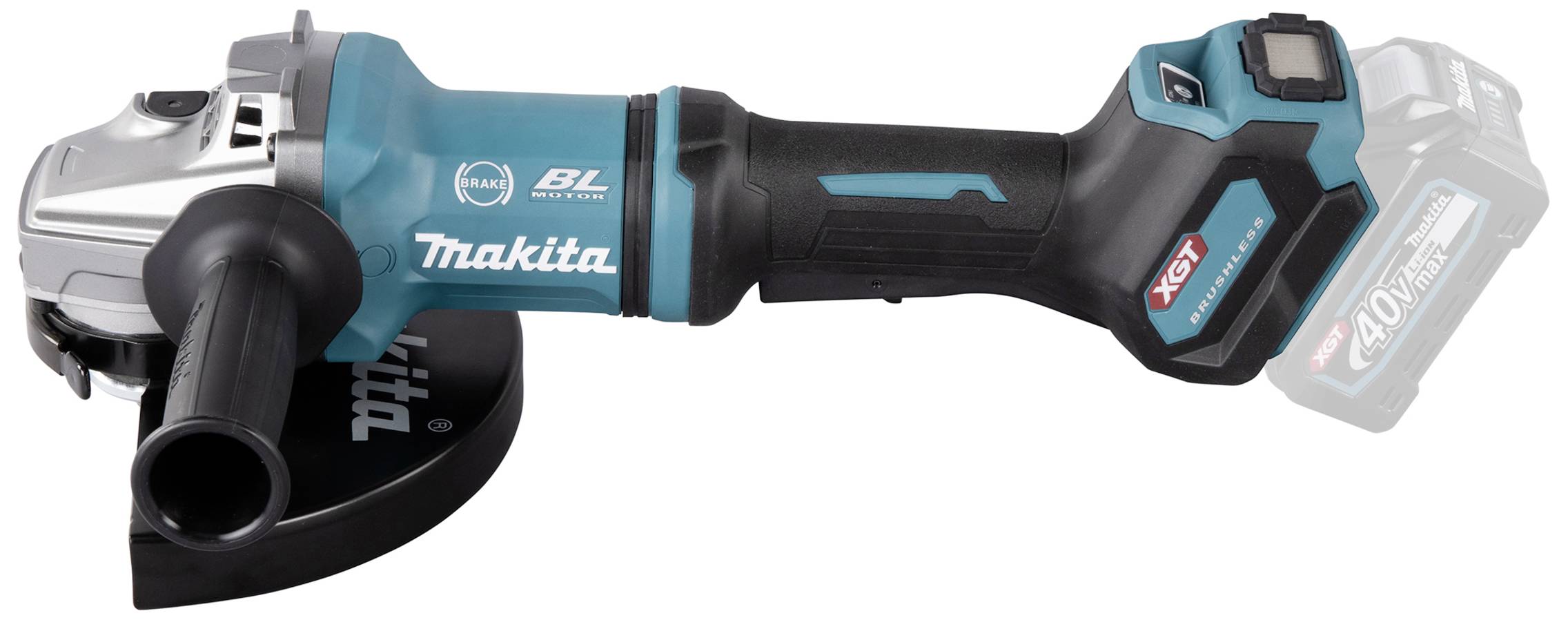 Ein kabelloser Winkelschleifer der Marke Makita, Modell XGT, mit einem ergonomischen Griff und einer blauen Abdeckung.