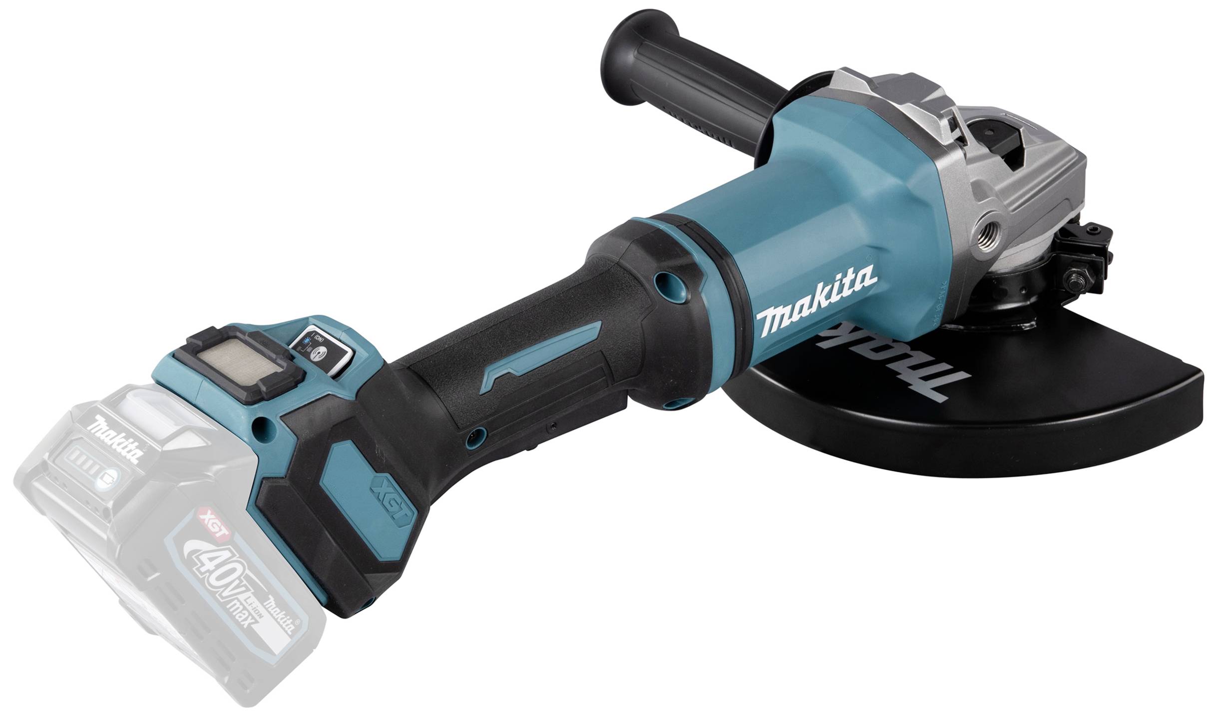 Akkubetriebener Winkelschleifer von Makita mit blauer und schwarzer Farbgebung, geeignet für Schneid- und Schleifarbeiten.