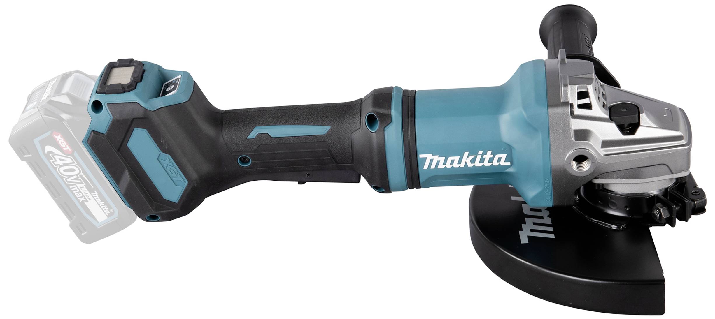 Akku-Winkelschleifer von Makita mit blauem Gehäuse und Griff. Links ist ein Lithium-Ionen-Akku teilweise sichtbar.