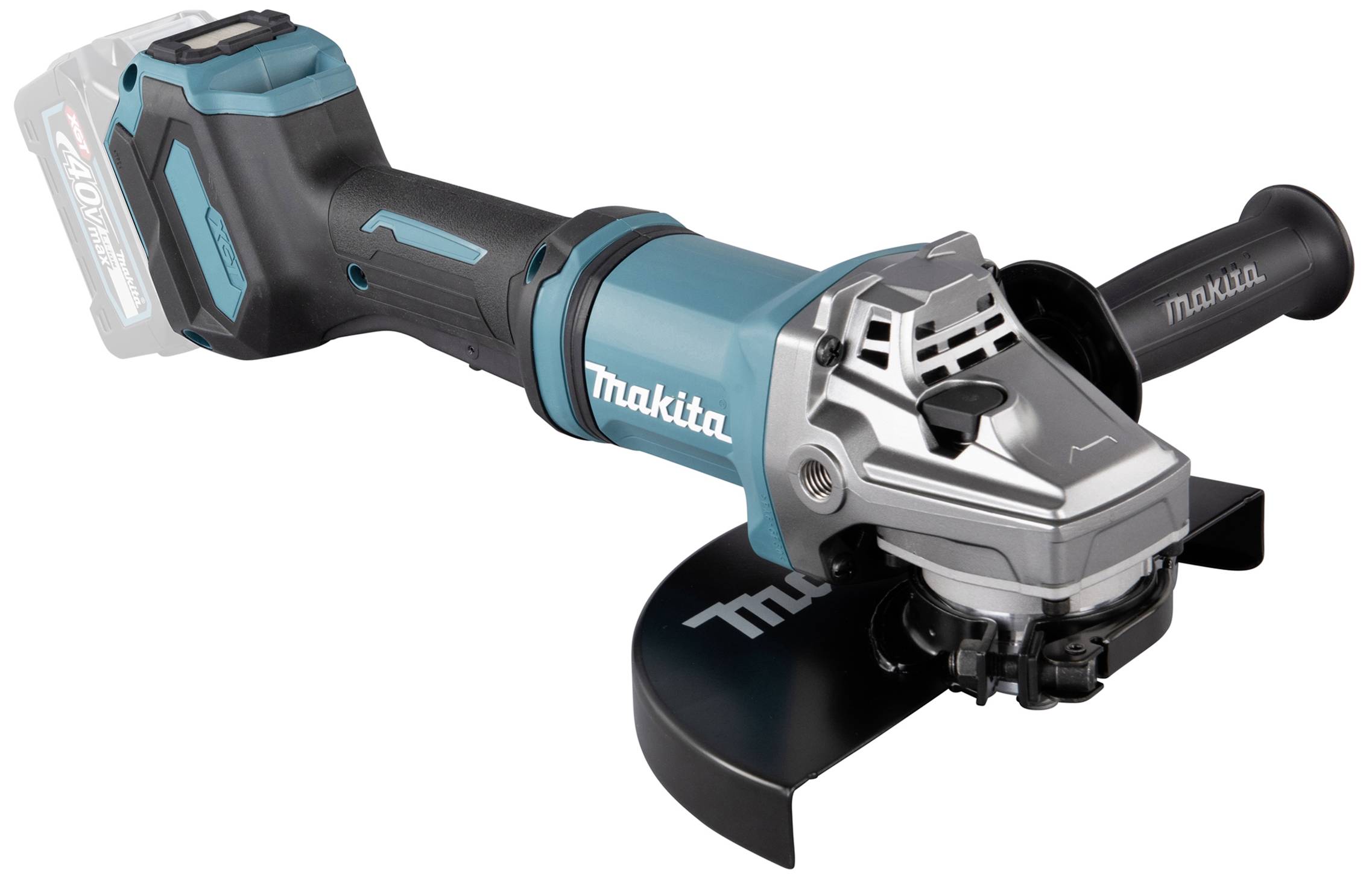 Ein blauer und schwarzer Akku-Winkelschleifer mit Metallkopf und Griff, geeignet für Schneide- und Schleifarbeiten.