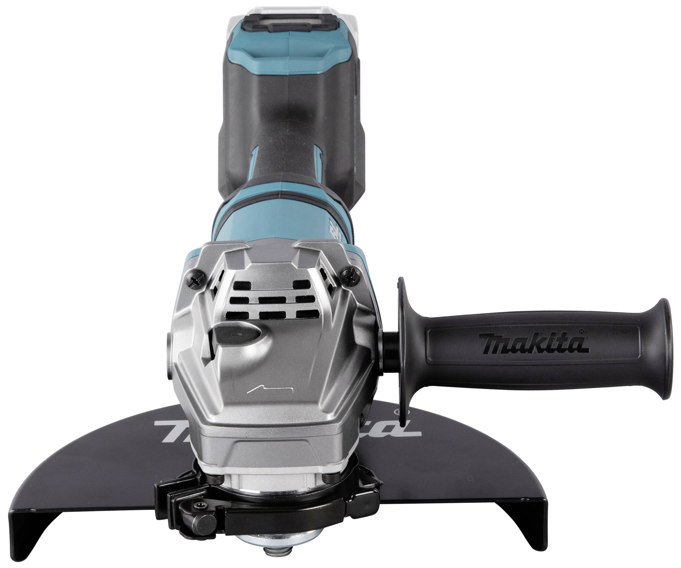 Winkelschleifer mit blauem und schwarzem Gehäuse, ergonomischem Griff, Schutzvorrichtung und sichtbarem Markenlogo an der Seite.